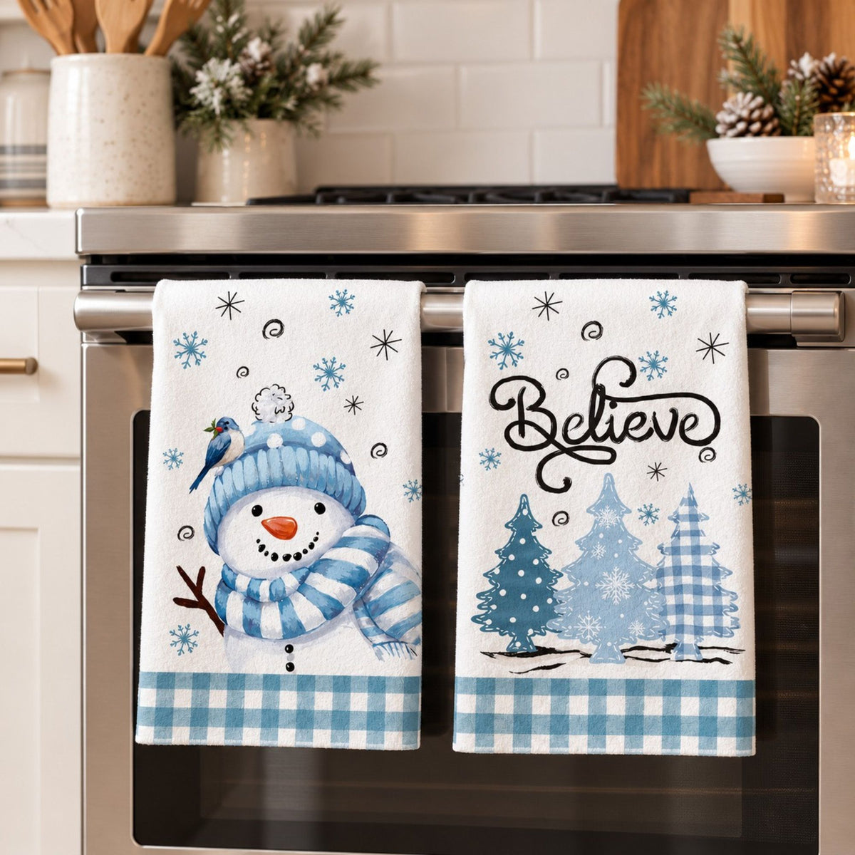 2-Pack Christmas Kitchen Towels 15.7x23.6in, Snowman & Tree Microfiber Holiday Towels