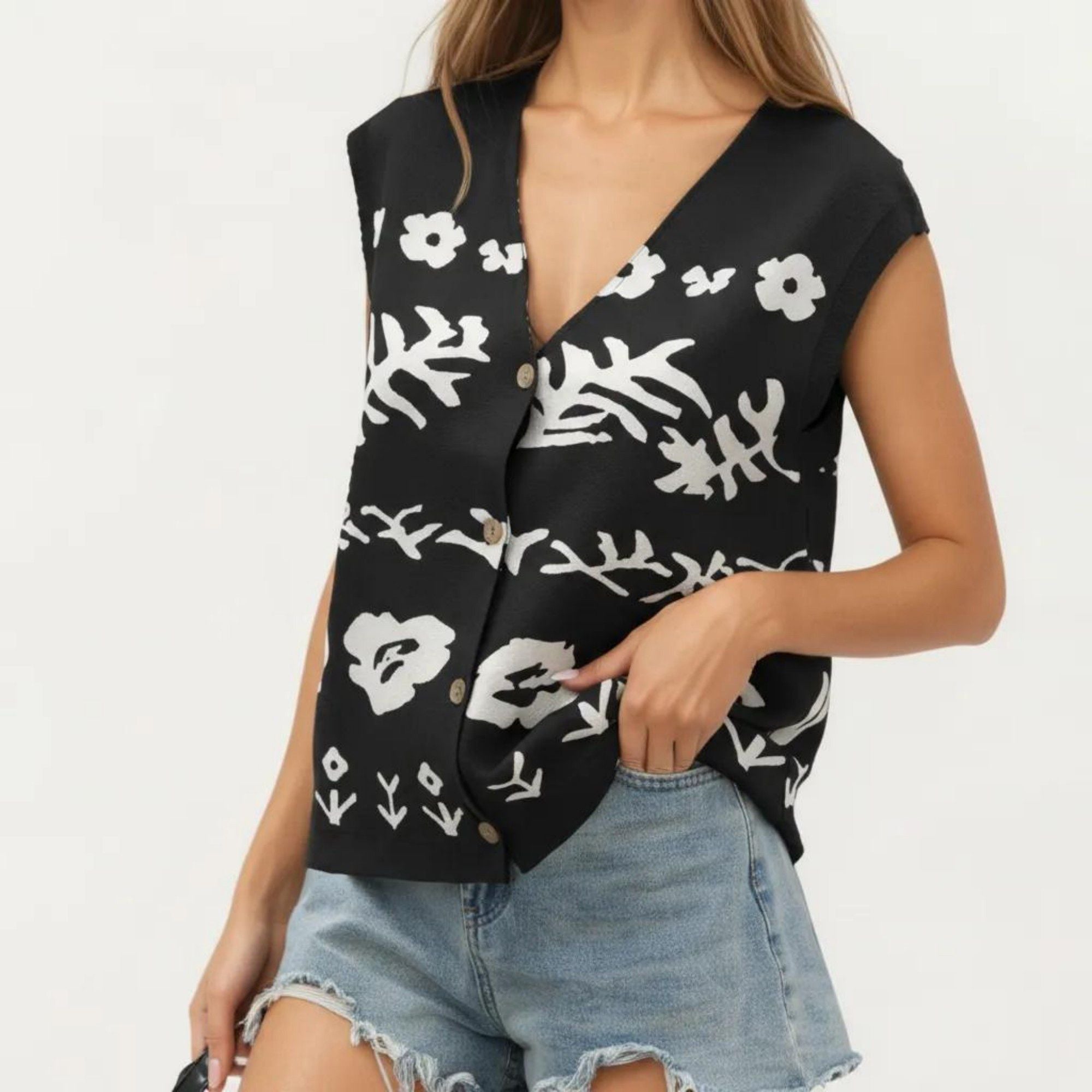 Anna-Kaci Women's Sleeveless Floral Knit Vest Top with V-Neck Front and Button Detail