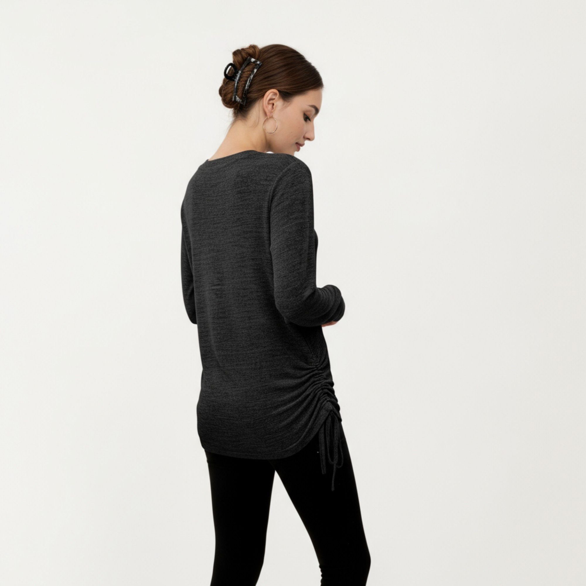 Anna-Kaci Women's Long Sleeve V-Neck Top with Side Drawstring Ruched Hem