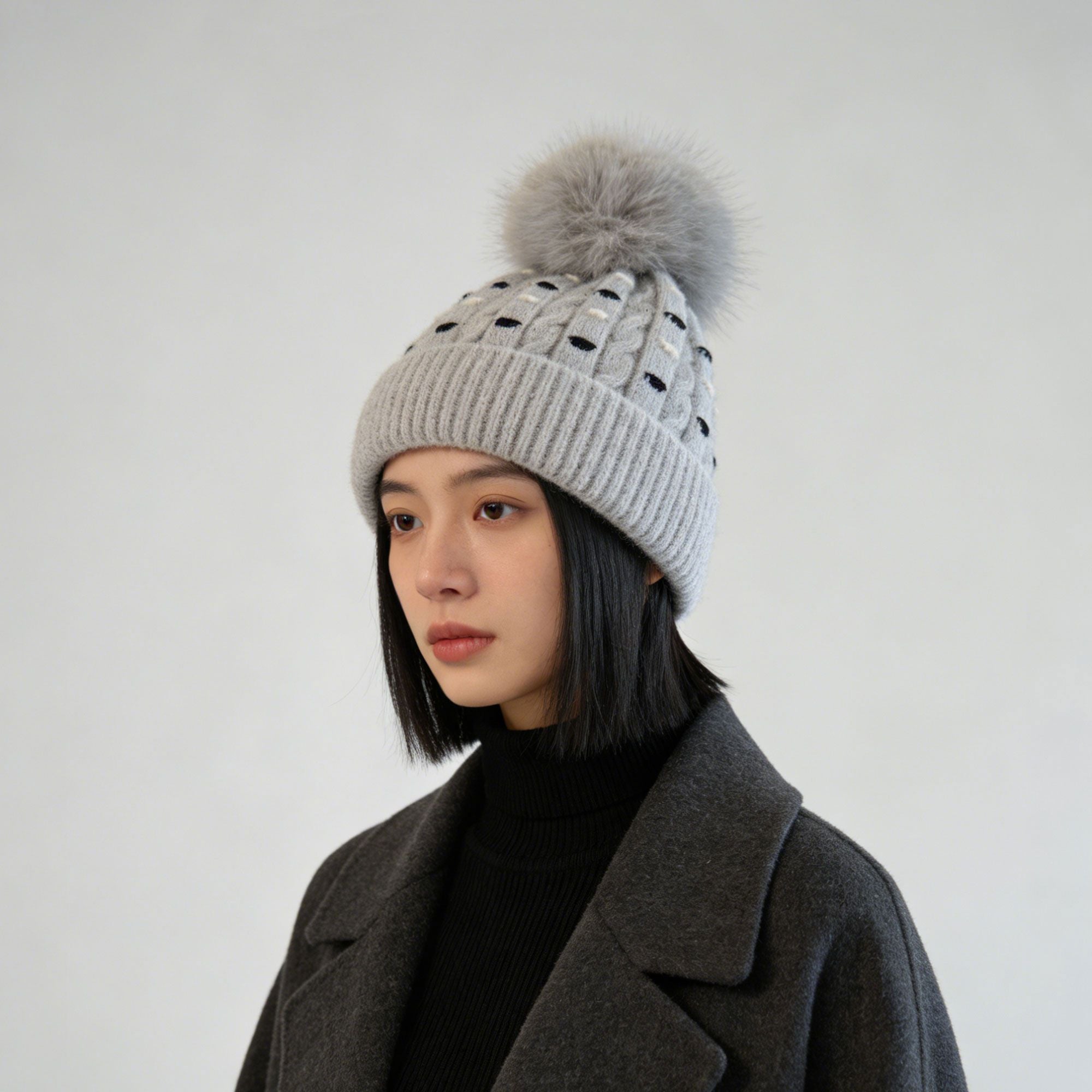 Anna-Kaci Women's Knit Beanie with Large Faux Fur Pom-Pom - Winter Hat with Embroidered Accents