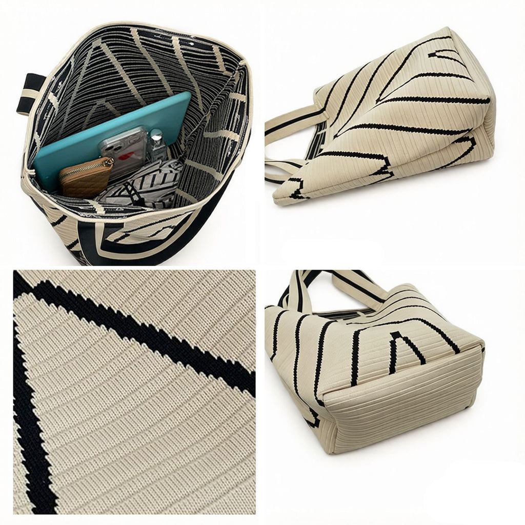 Geometric Stripe Knit Tote Bag with Long Shoulder Straps