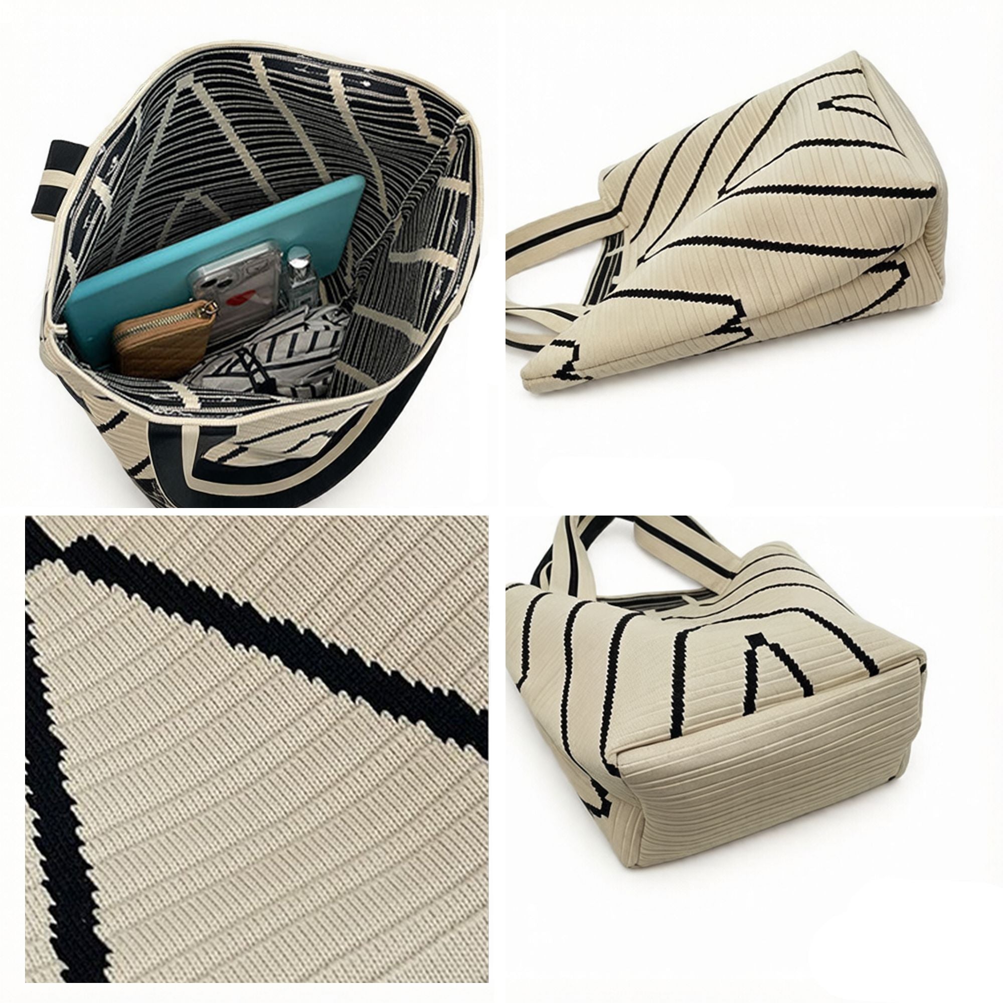Geometric Stripe Knit Tote Bag with Long Shoulder Straps