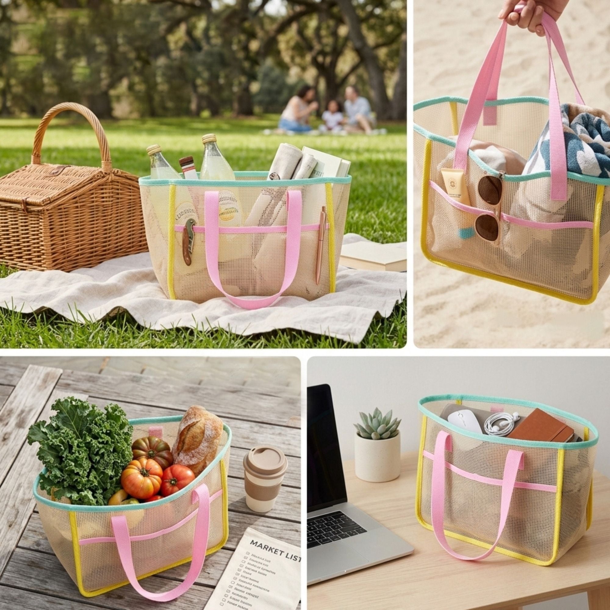 Mesh Tote Bag with Colorblock Trim and Shoulder Handles