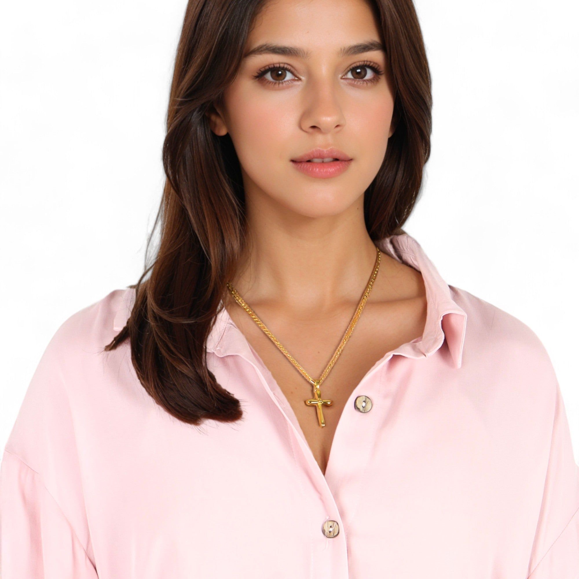 Women's Gold Tone Cross Pendant Fashion Necklace with Chunky Chain Modern Religious Style