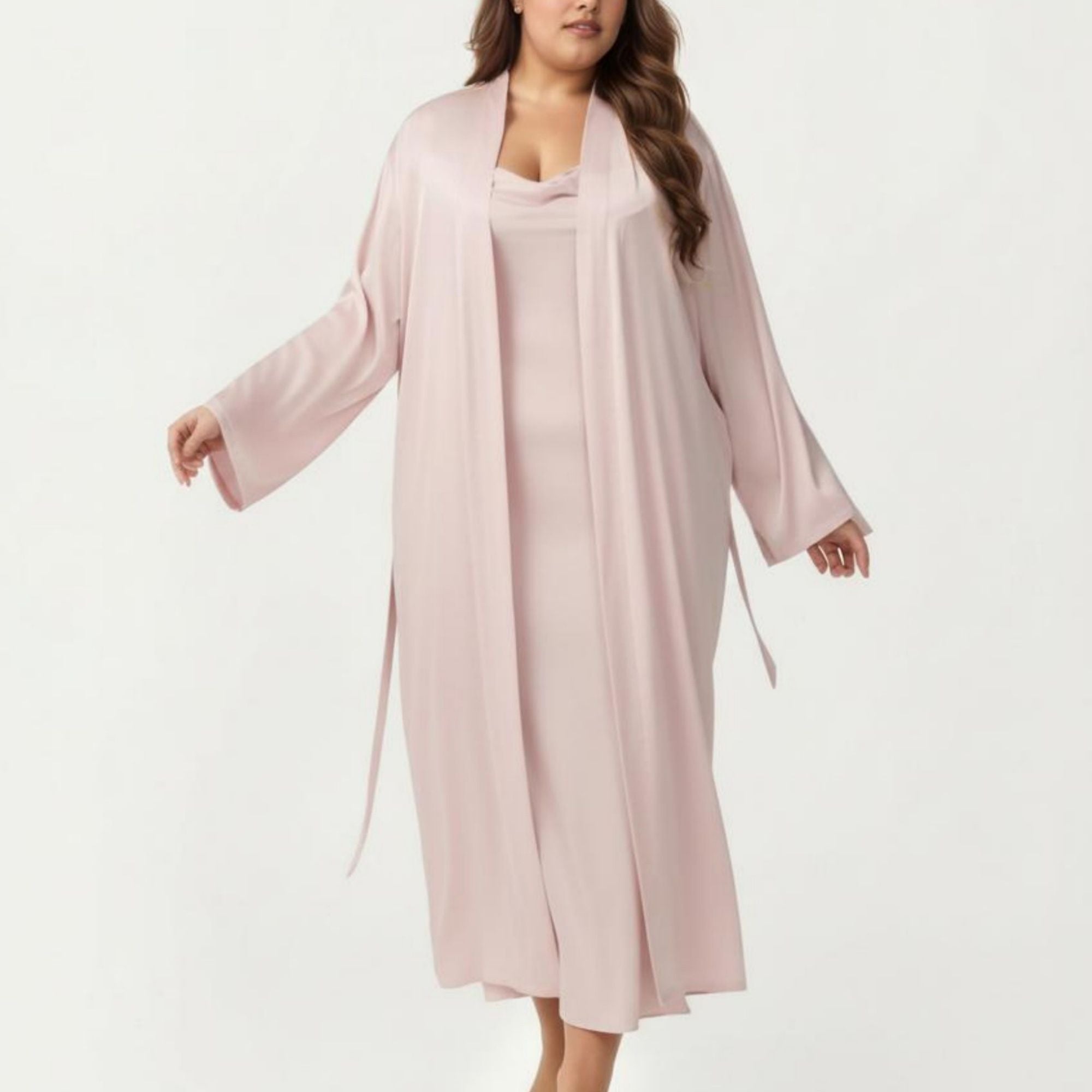 Anna-Kaci Lounge Women's Plus Size 2-Piece Satin Nightgown Set with Long Sleeve Open Front Robe Sleeveless Slip Dress Sleepwear