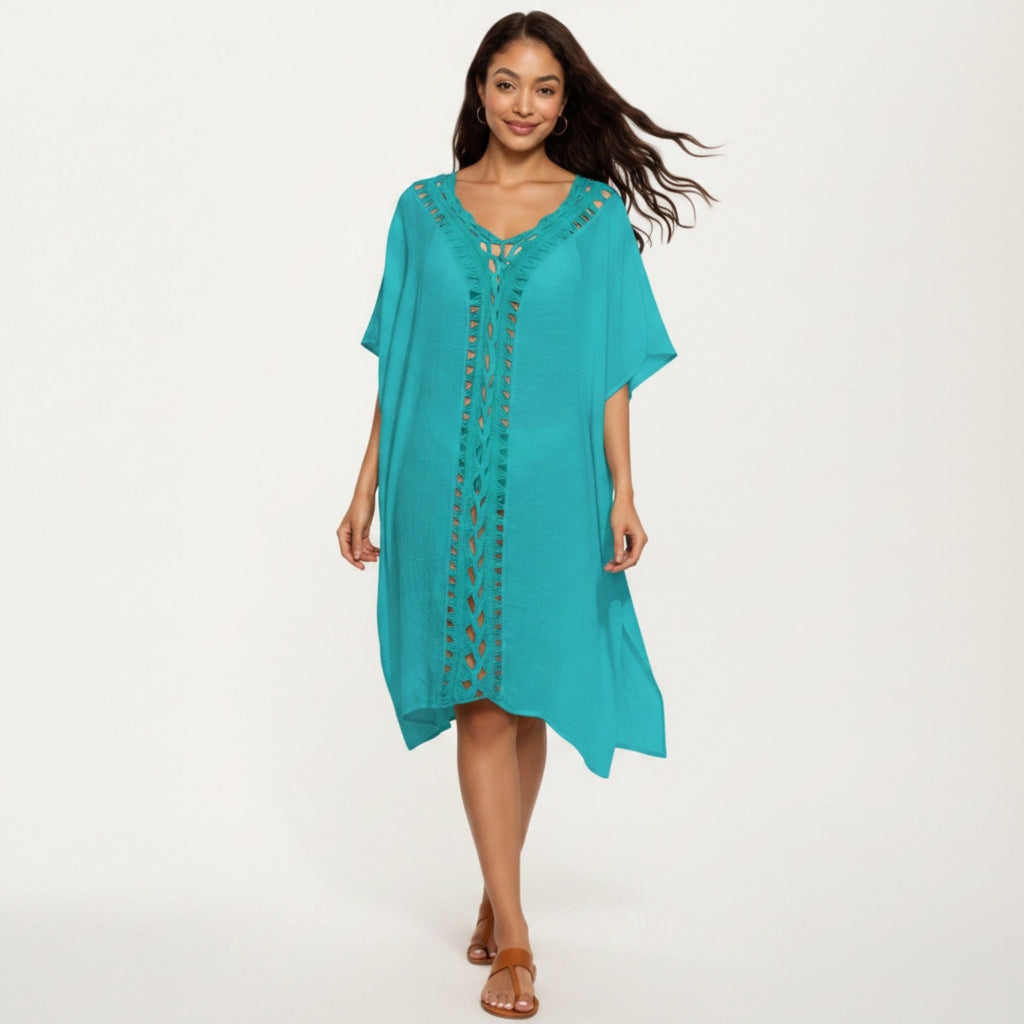 Anna-Kaci Women's Crochet Trim Swim Cover Up Dress Loose Short Sleeve Lightweight Beach Kaftan
