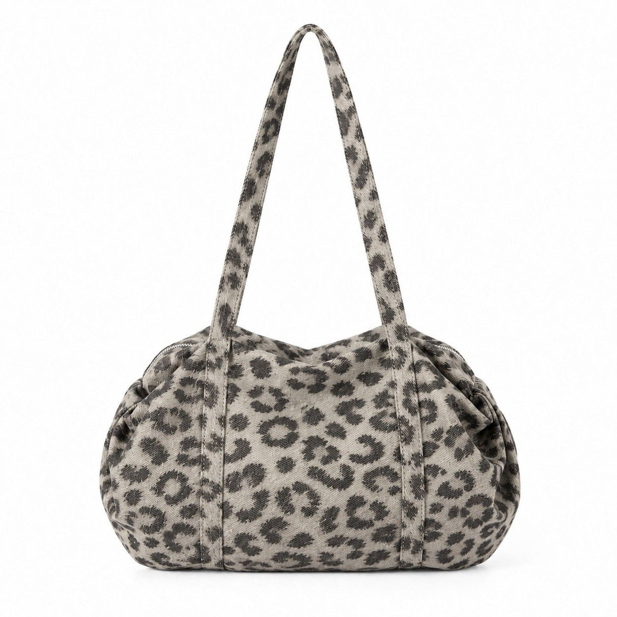 Leopard Print Barrel Shoulder Bag with Zip Closure and Interior Pockets