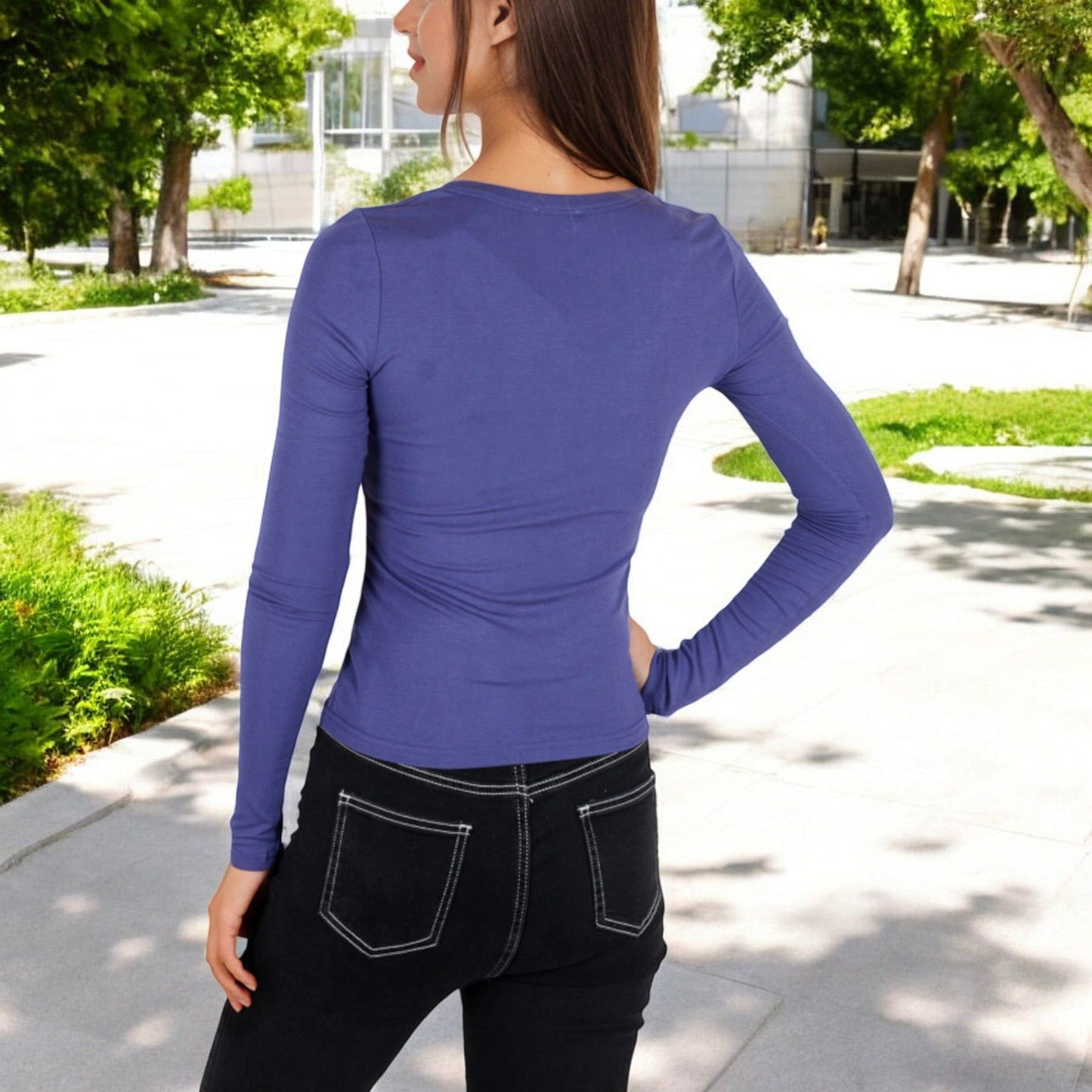 Long Sleeve V-Neck Fitted Top with Stretch Fabric