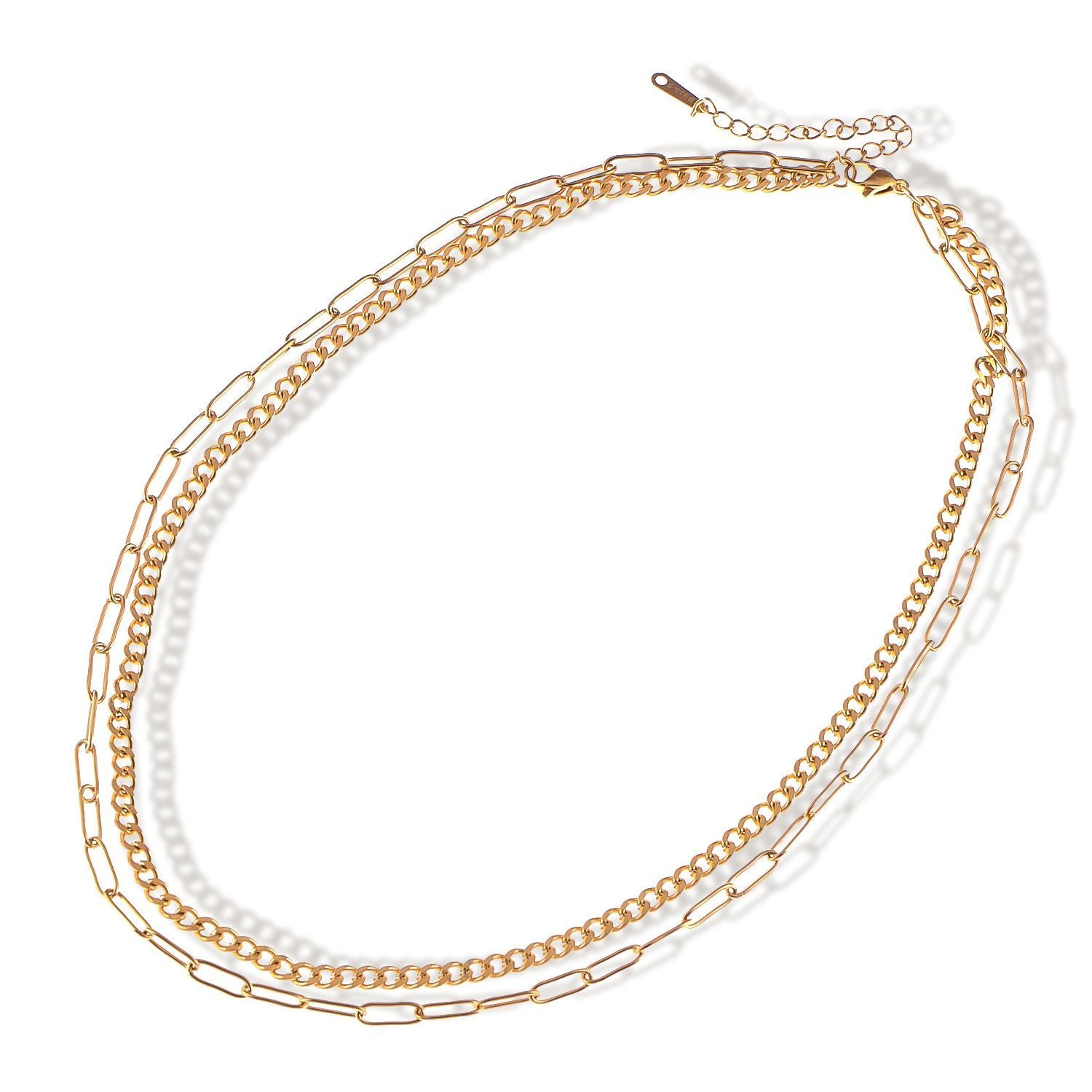 Women's Stainless Steel Double Chain Necklace with 18K Gold Plating, Adjustable Length, Modern and Versatile Design