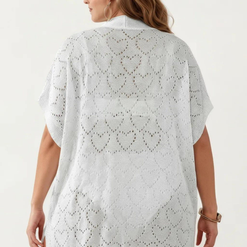Anna-Kaci Women's Open Front Knit Cardigan with Heart Pointelle Pattern Short Sleeves Relaxed Mid Length Fit