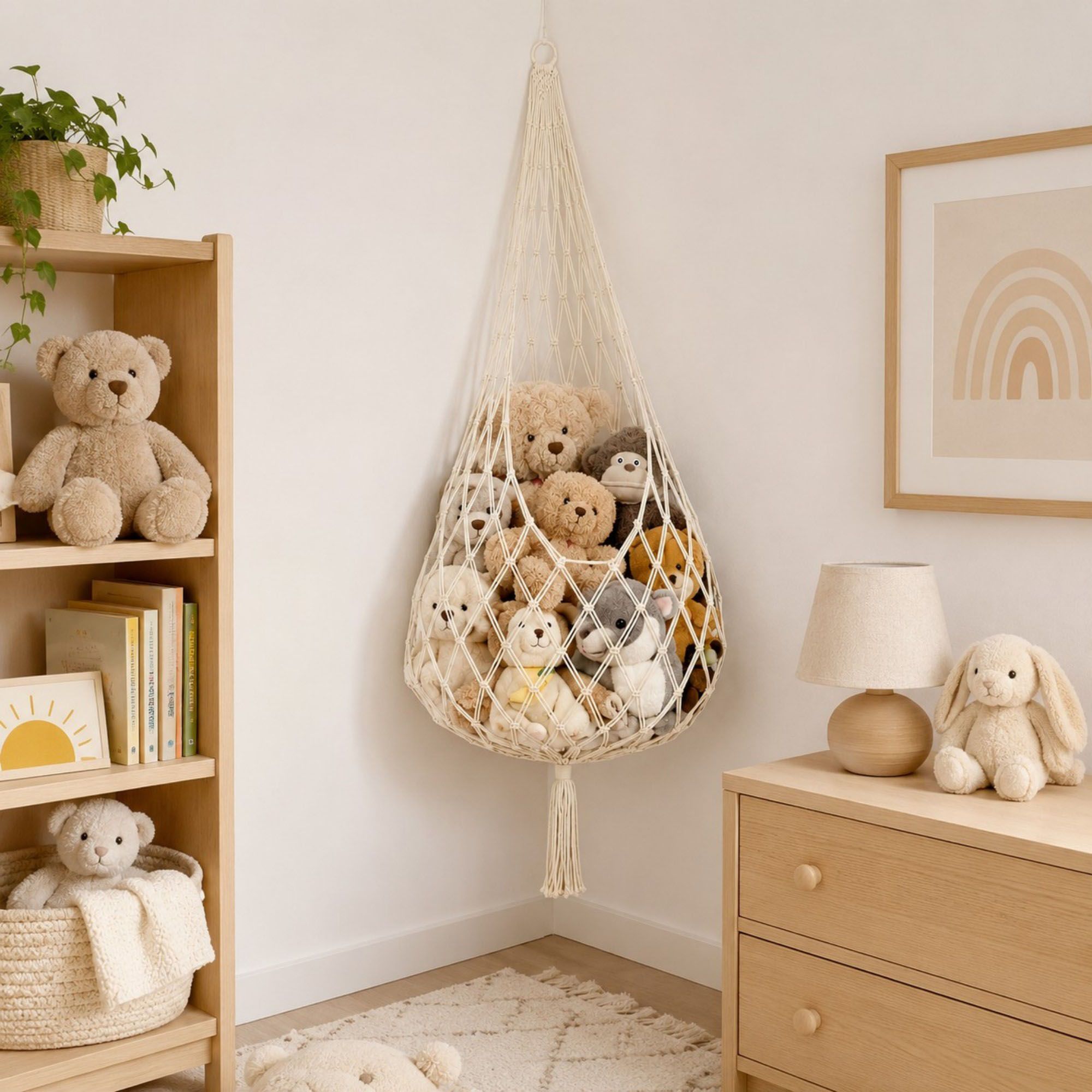 Macrame Hanging Stuffed Animal Storage Net Cotton Rope Corner Organizer