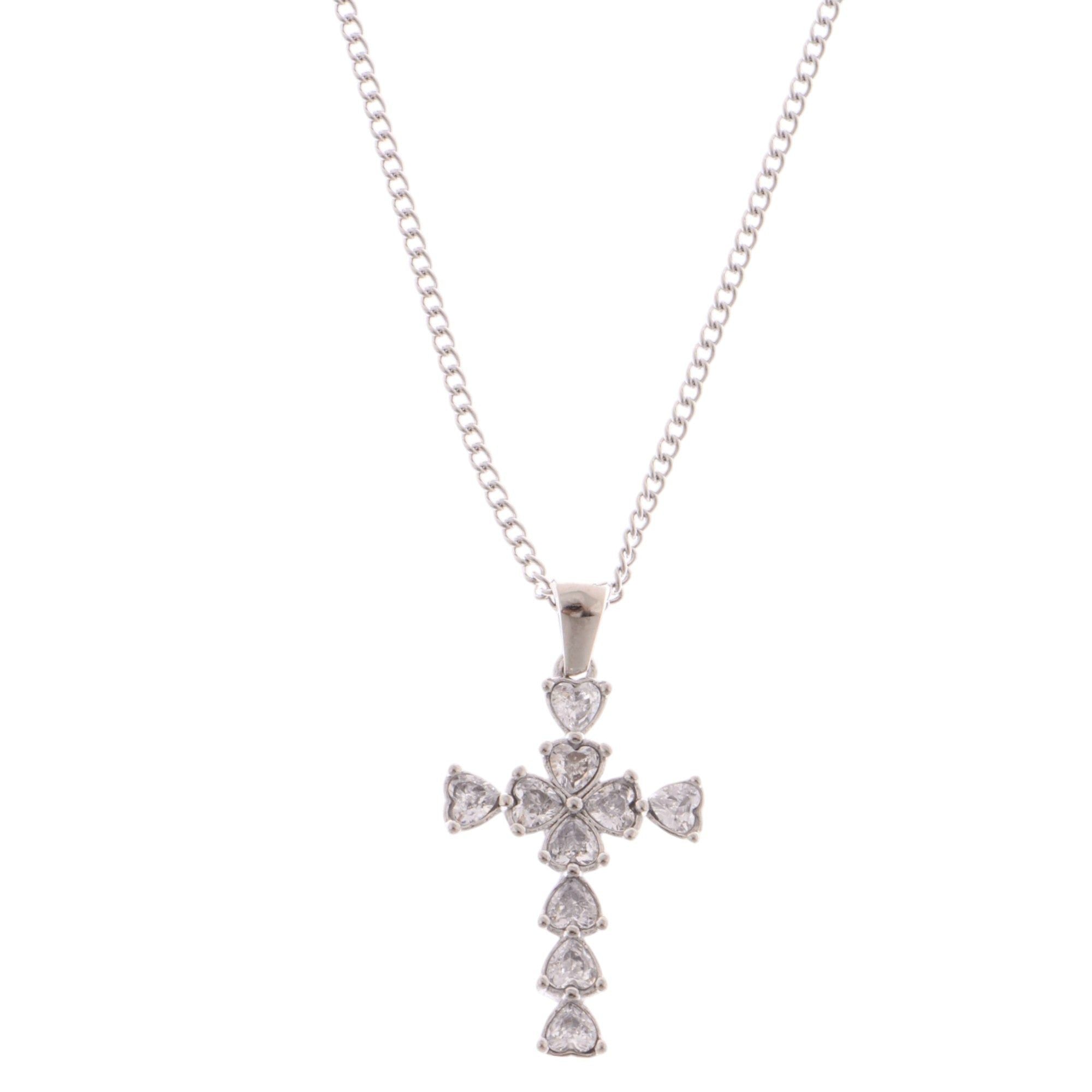 Silver Tone Cross Pendant Fashion Style Necklace with Heart-Shaped Gemstone Accents