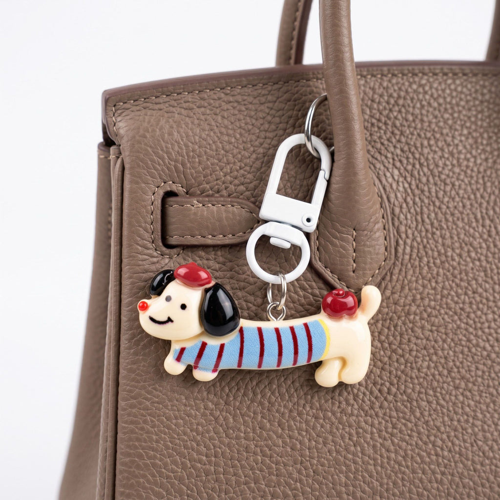 2-Piece Dachshund Dog Keychain Bag Charm Striped Sweater Apple Accent Clip Key Ring