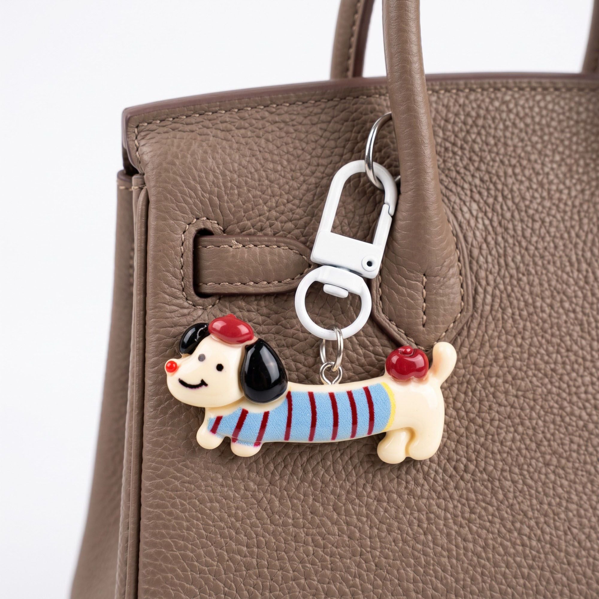 2-Piece Dachshund Dog Keychain Bag Charm Striped Sweater Apple Accent Clip Key Ring