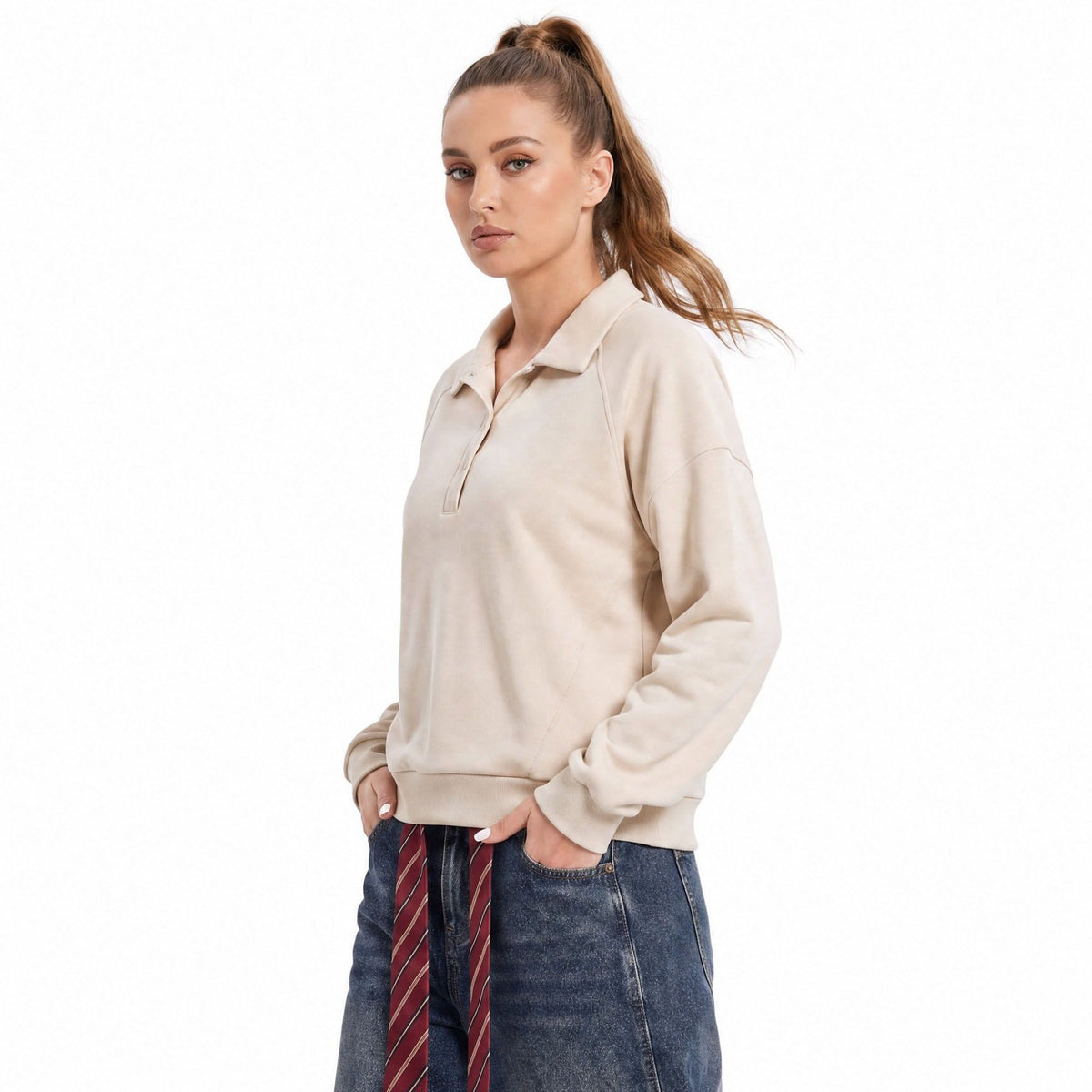 Long Sleeve Polo Sweatshirt with Snap Button Placket