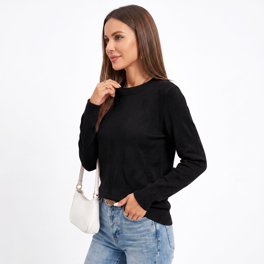 Textured Geometric Crew Neck Long Sleeve Knit Sweater