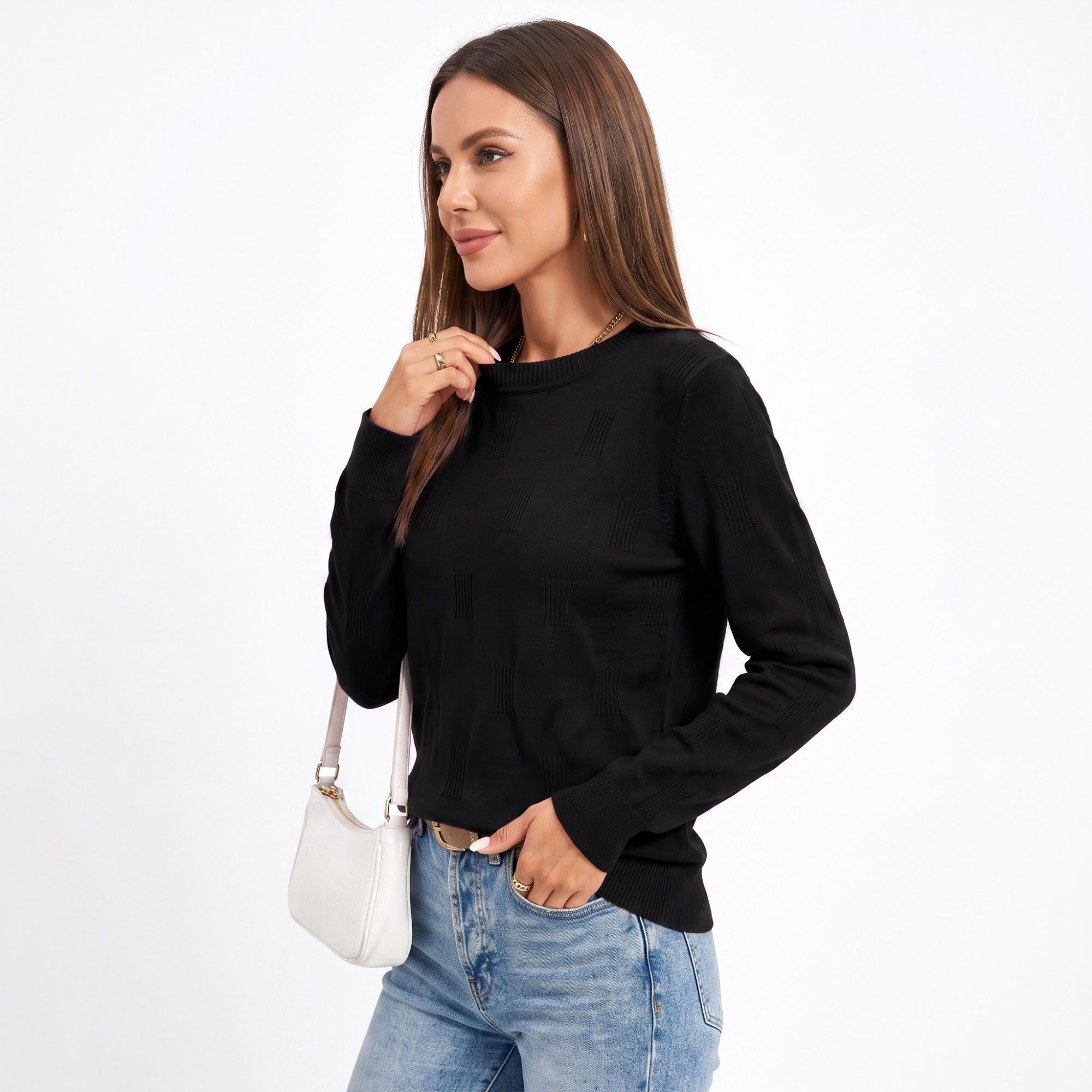 Textured Geometric Crew Neck Long Sleeve Knit Sweater