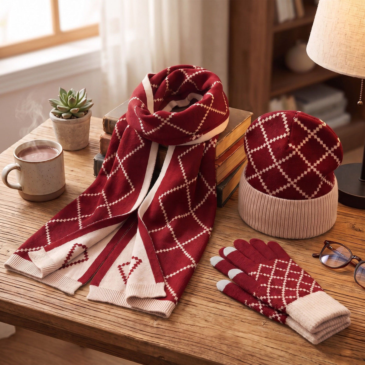 3 Piece Argyle Beanie Scarf and Touchscreen Gloves Winter Set