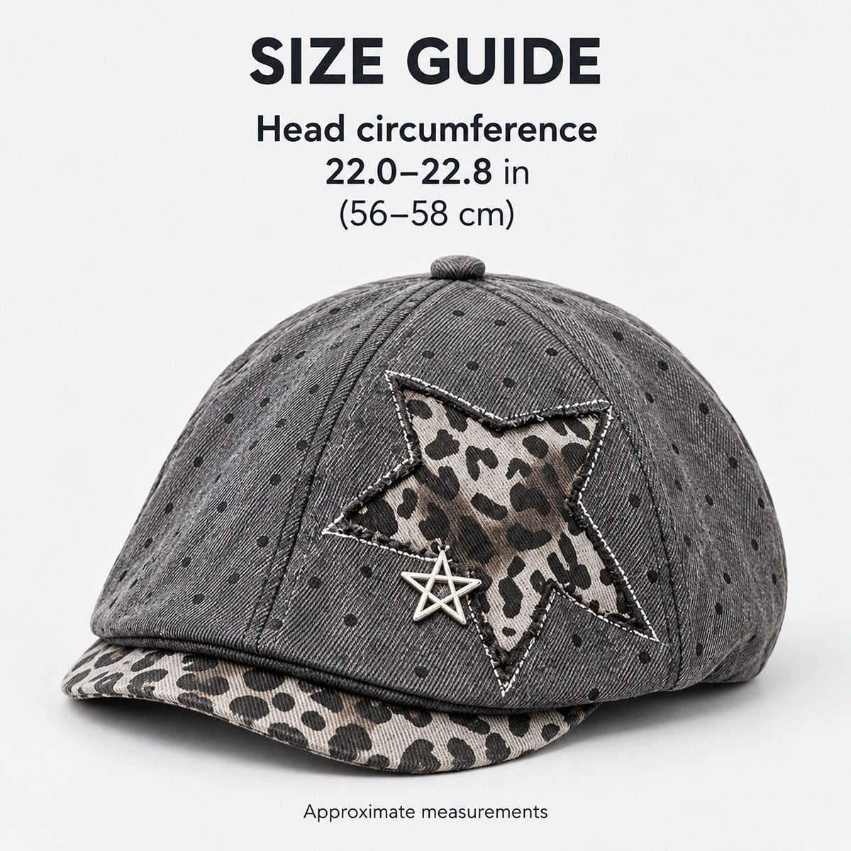 Polka Dot Newsboy Cap with Leopard Print Star and Charm
