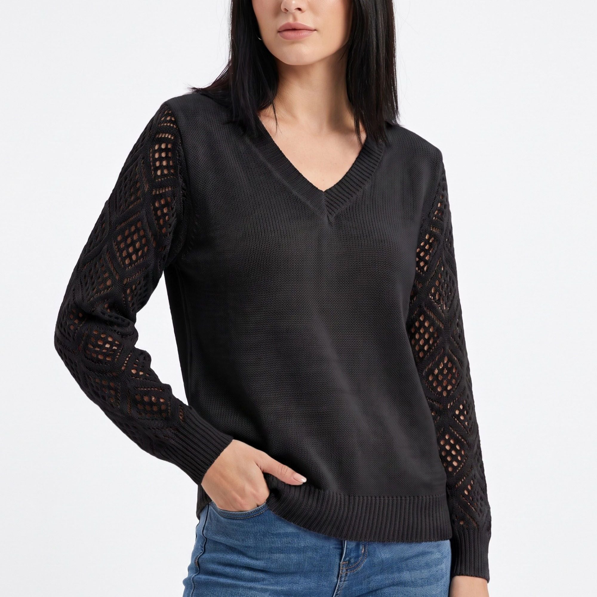 V-Neck Openwork Sleeve Long Sleeve Knit Sweater