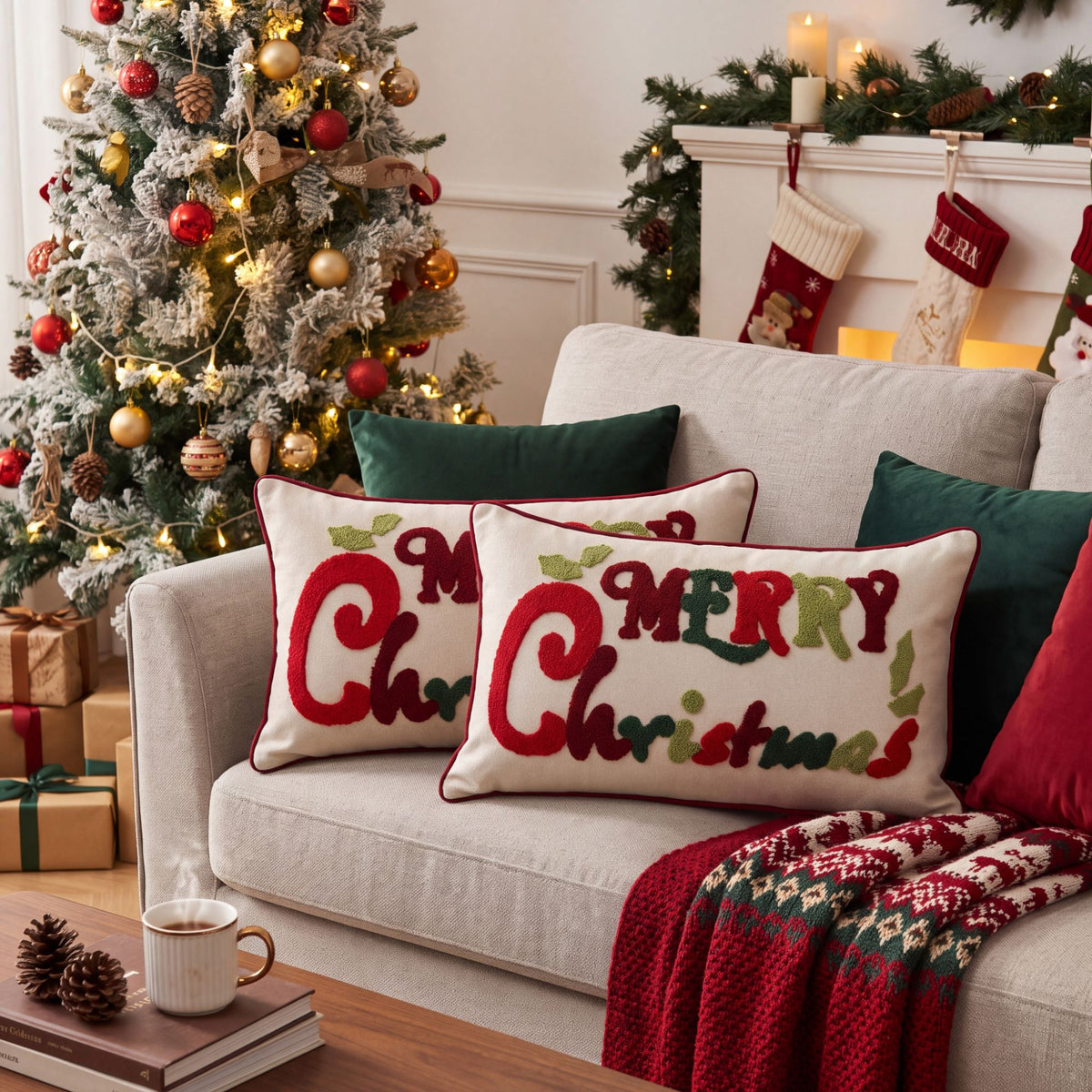Merry Christmas Tufted Lumbar Throw Pillow Cover Holiday Decorative Accent