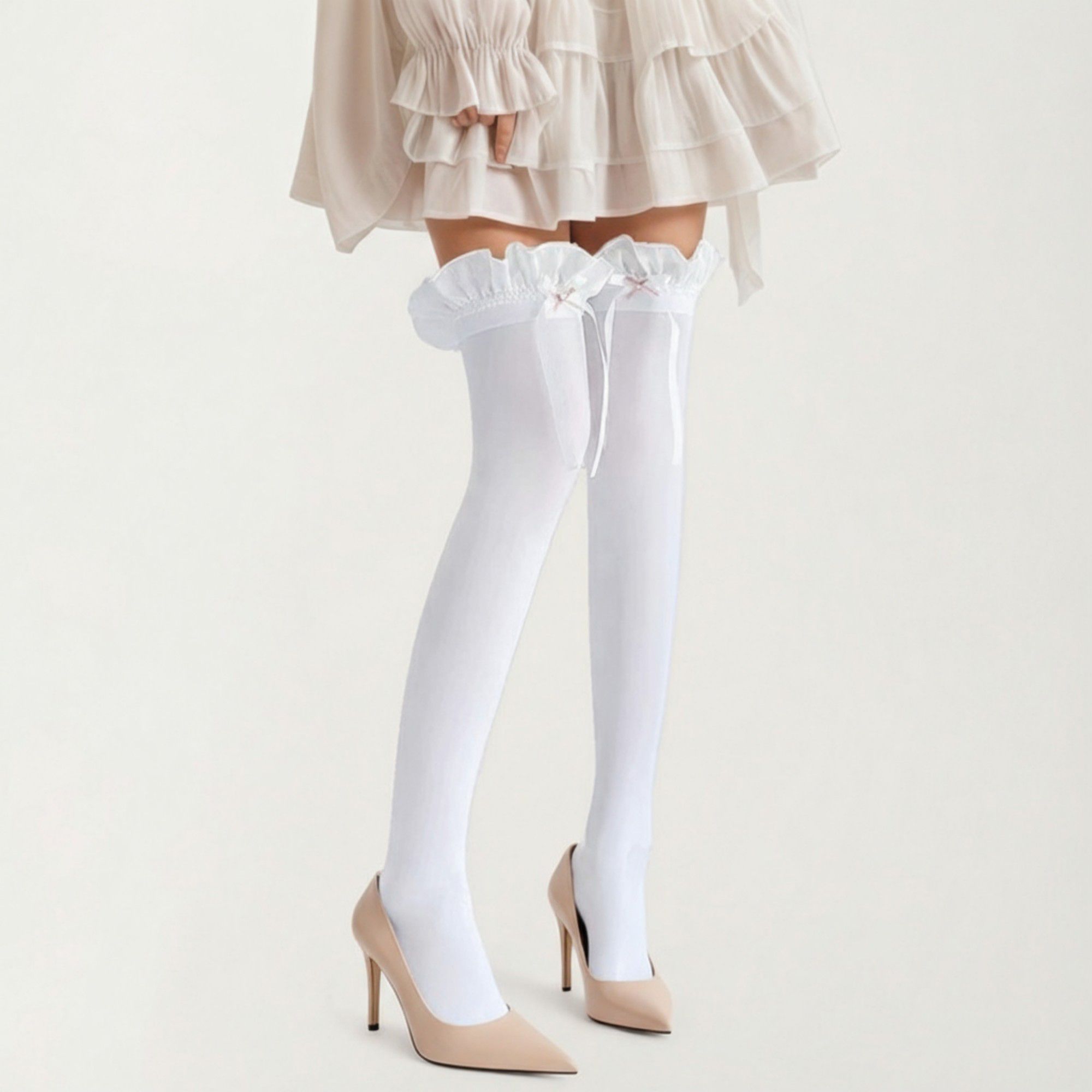 Anna-Kaci Women's Over-the-Knee Tights with Ruffled Trim and Satin Ribbon Bow Detail