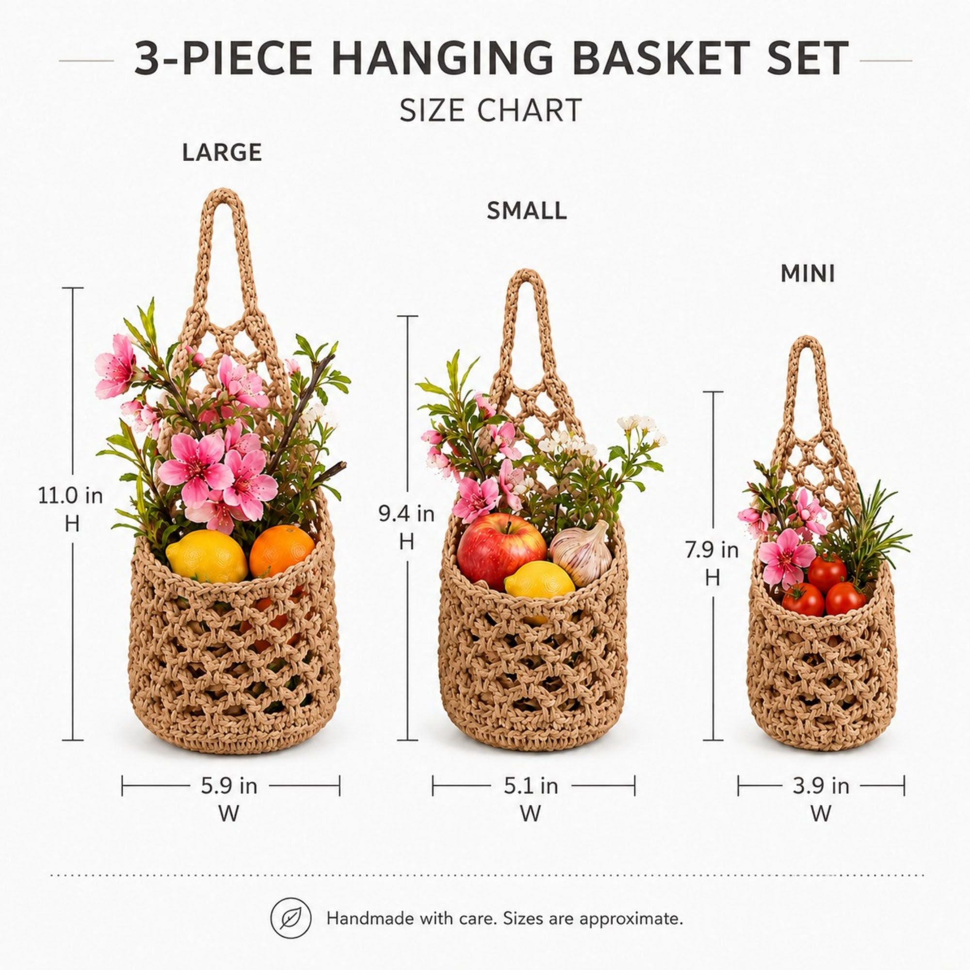 Woven Hanging Basket Set for Fruit Produce and Wall Storage