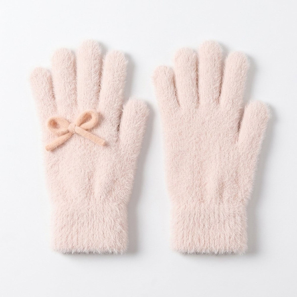 Soft Fuzzy Winter Gloves with Knit Bow Detail