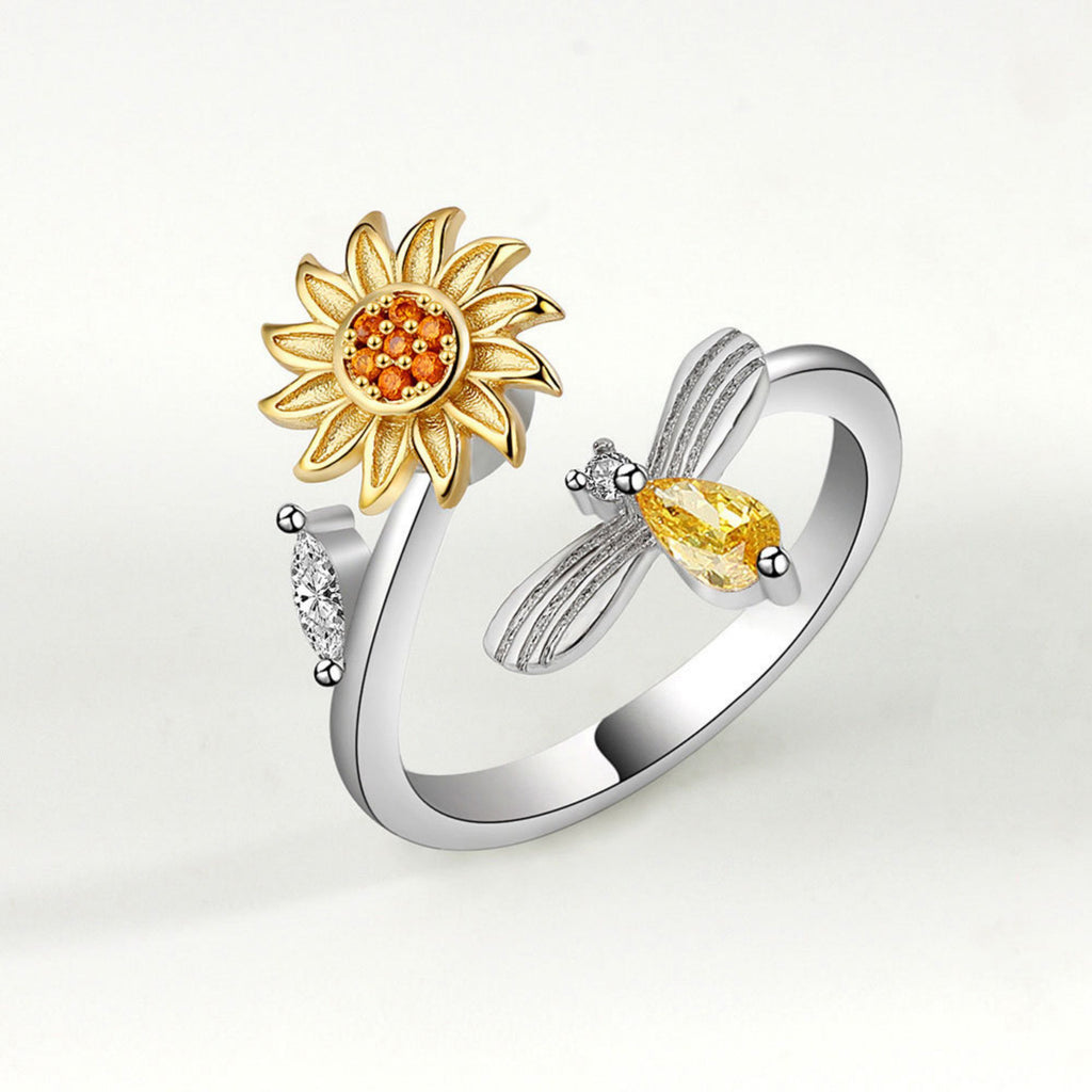 Women's Sunflower Adjustable Ring with Delicate Leaf Accent and Silver Tone Band 0.6in