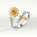 Women's Sunflower Adjustable Ring with Delicate Leaf Accent and Silver Tone Band 0.6in