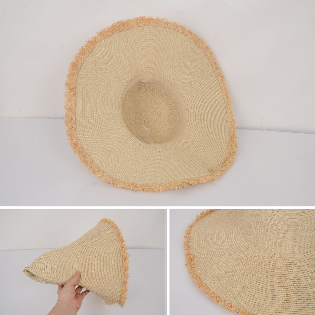 Anna-Kaci Wide Brim Straw Floppy Hat with Frayed Edges Lightweight Sun Protection for Beach Vacation Outdoor Travel Style
