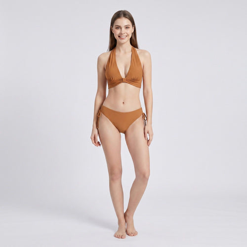 2-Piece Halter Bikini Swimsuit with Ruched Triangle Top Side Tie Bottoms and Smooth Stretch Fit