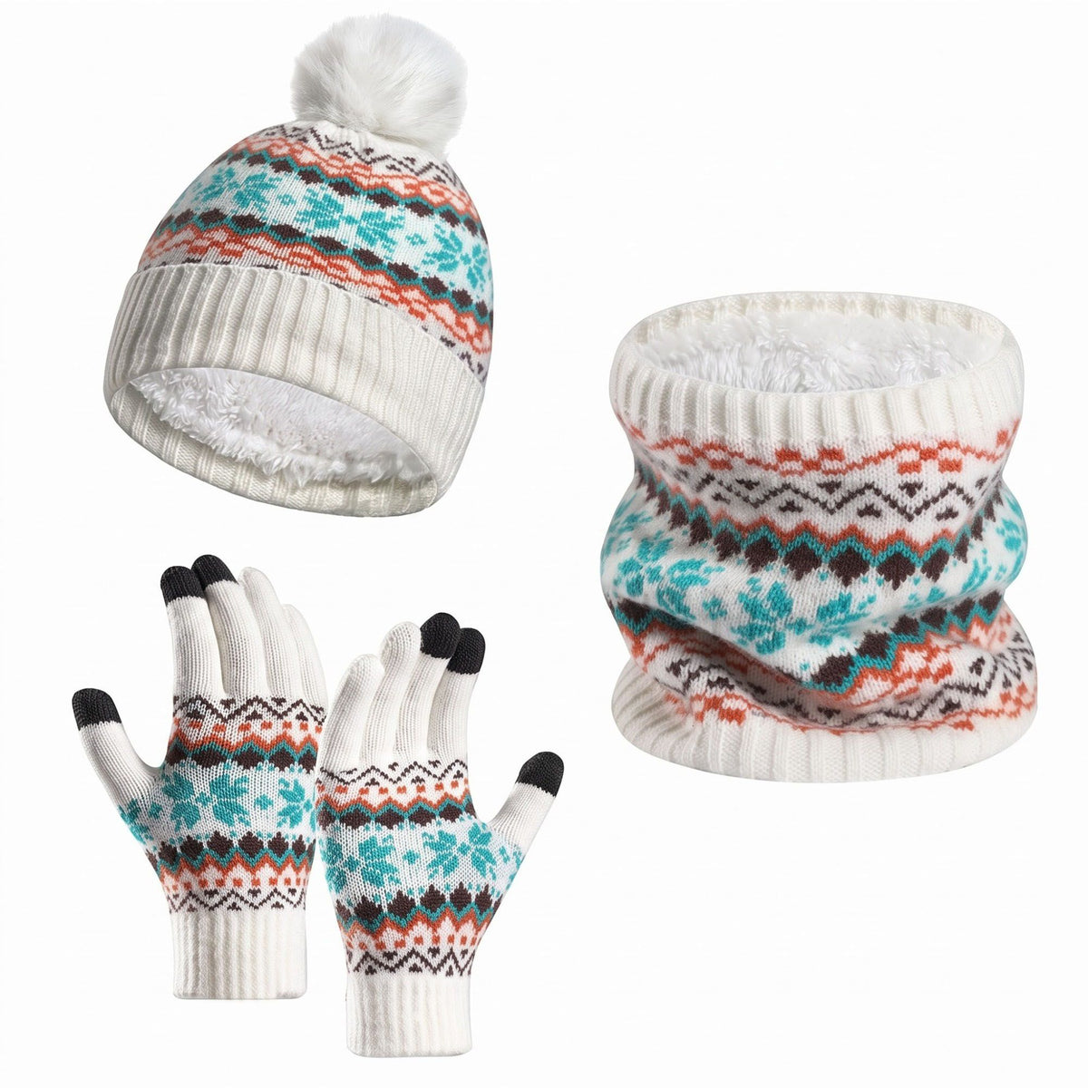 3 Piece Fair Isle Pom Beanie Neck Warmer and Gloves Set