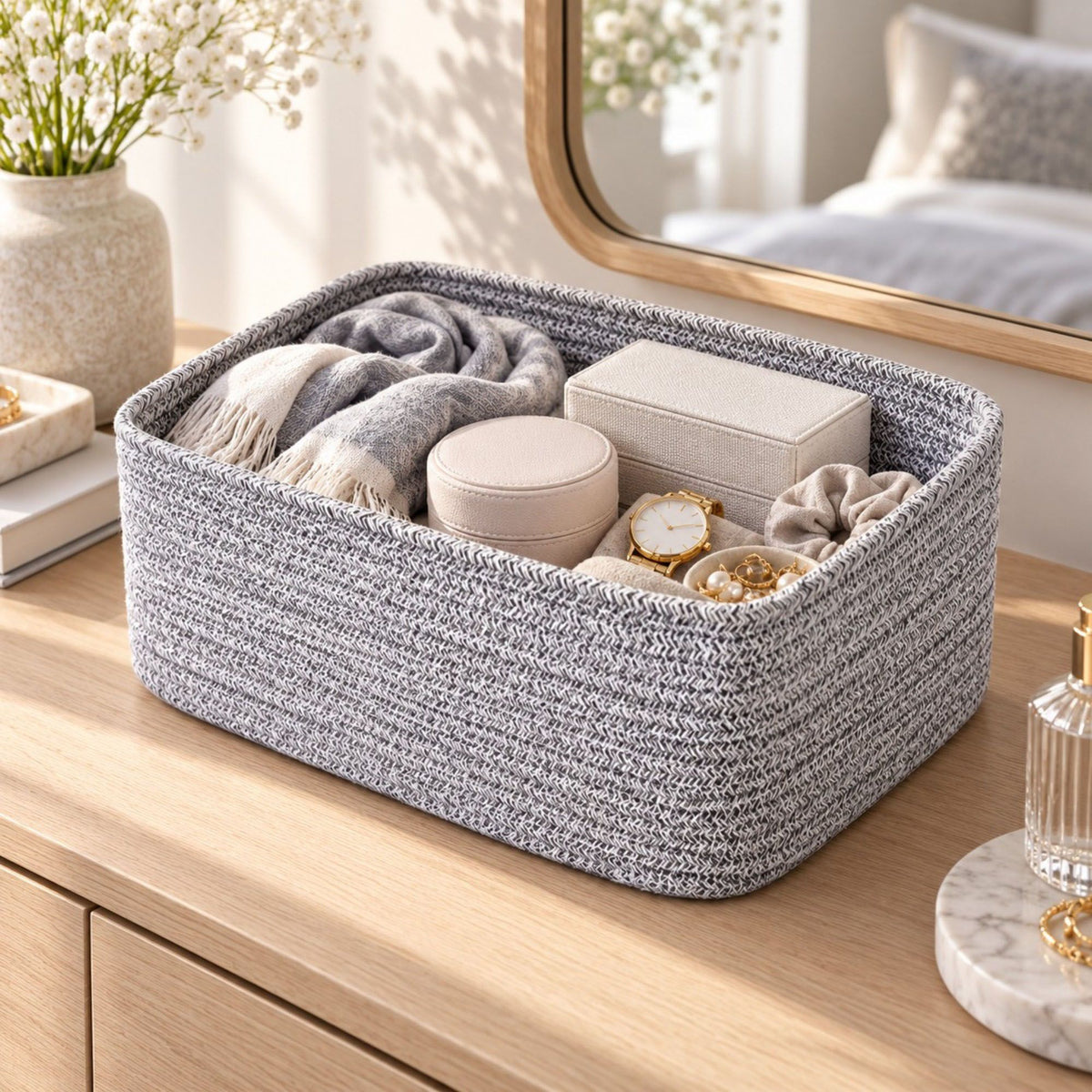3 Piece Rectangular Woven Cotton Cord Desktop Storage Basket Set