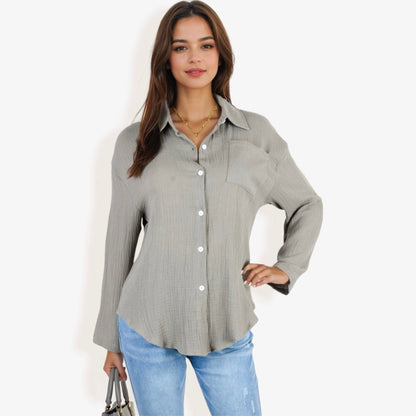 Button-Down Shirt with Chest Pocket and Roll-Up Sleeves