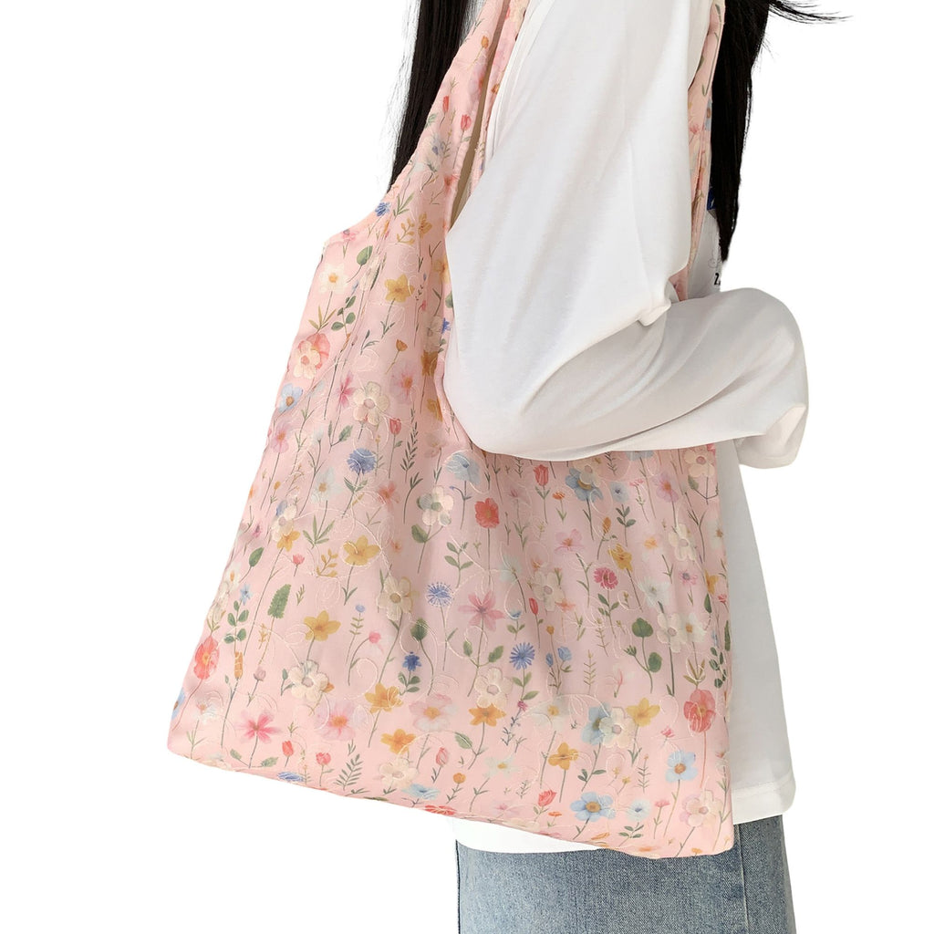 Embroidered Floral Tote Bag for Women, Lightweight Canvas Shoulder Bag for Everyday Use