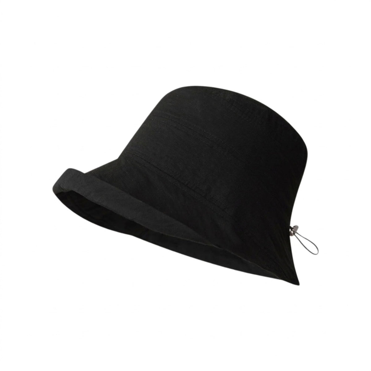 White bucket hat with denim, wide brim and adjustable back buckle