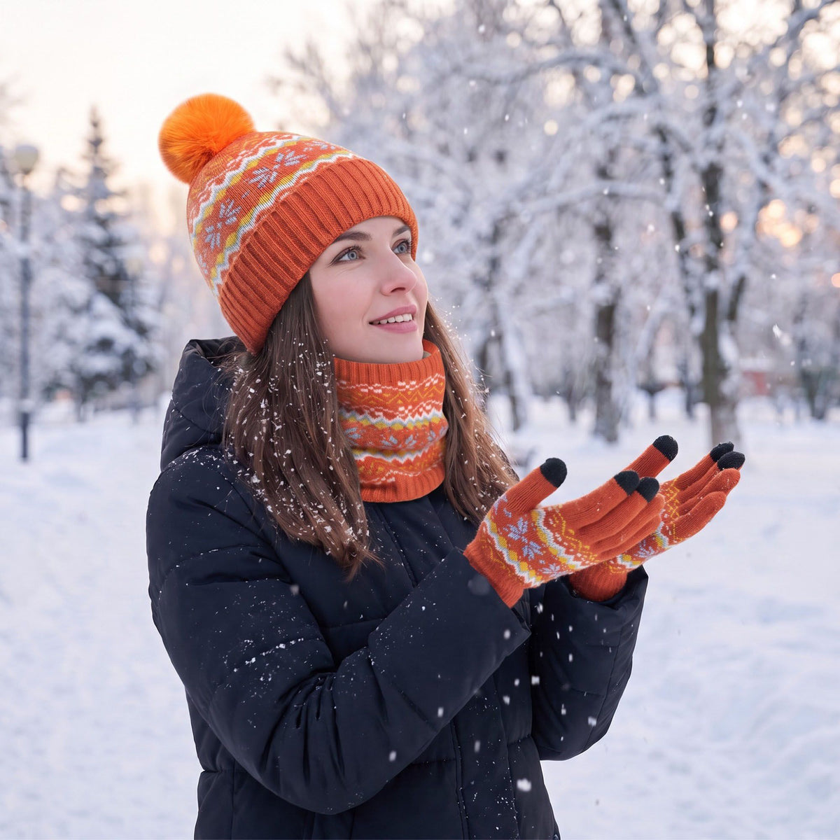 3 Piece Fair Isle Pom Beanie Neck Warmer and Gloves Set