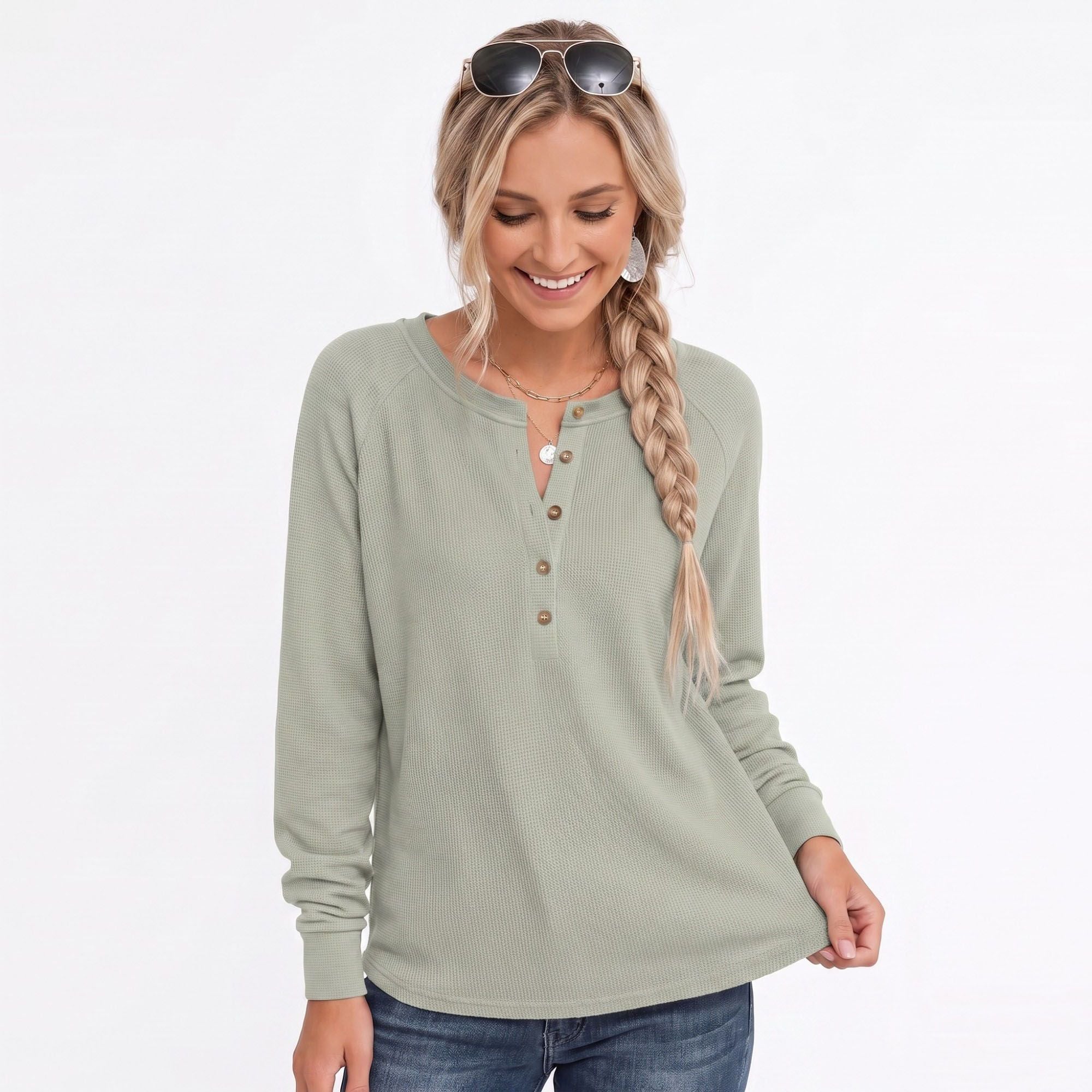 Waffle Knit Henley Raglan Long Sleeve Top