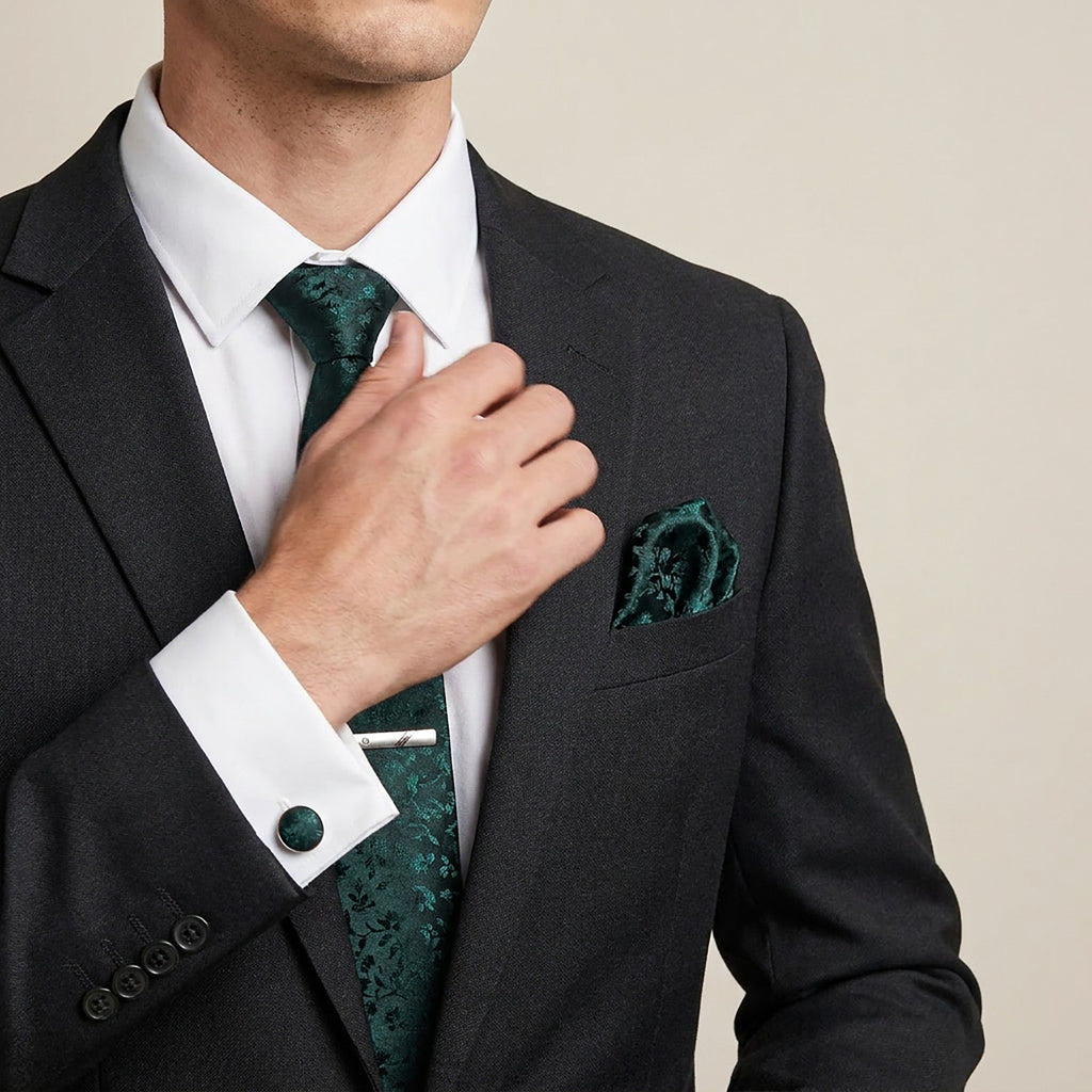 Men's Floral Print Tie Gift Set with Matching Pocket Square Cufflinks and Silver Tie Clip