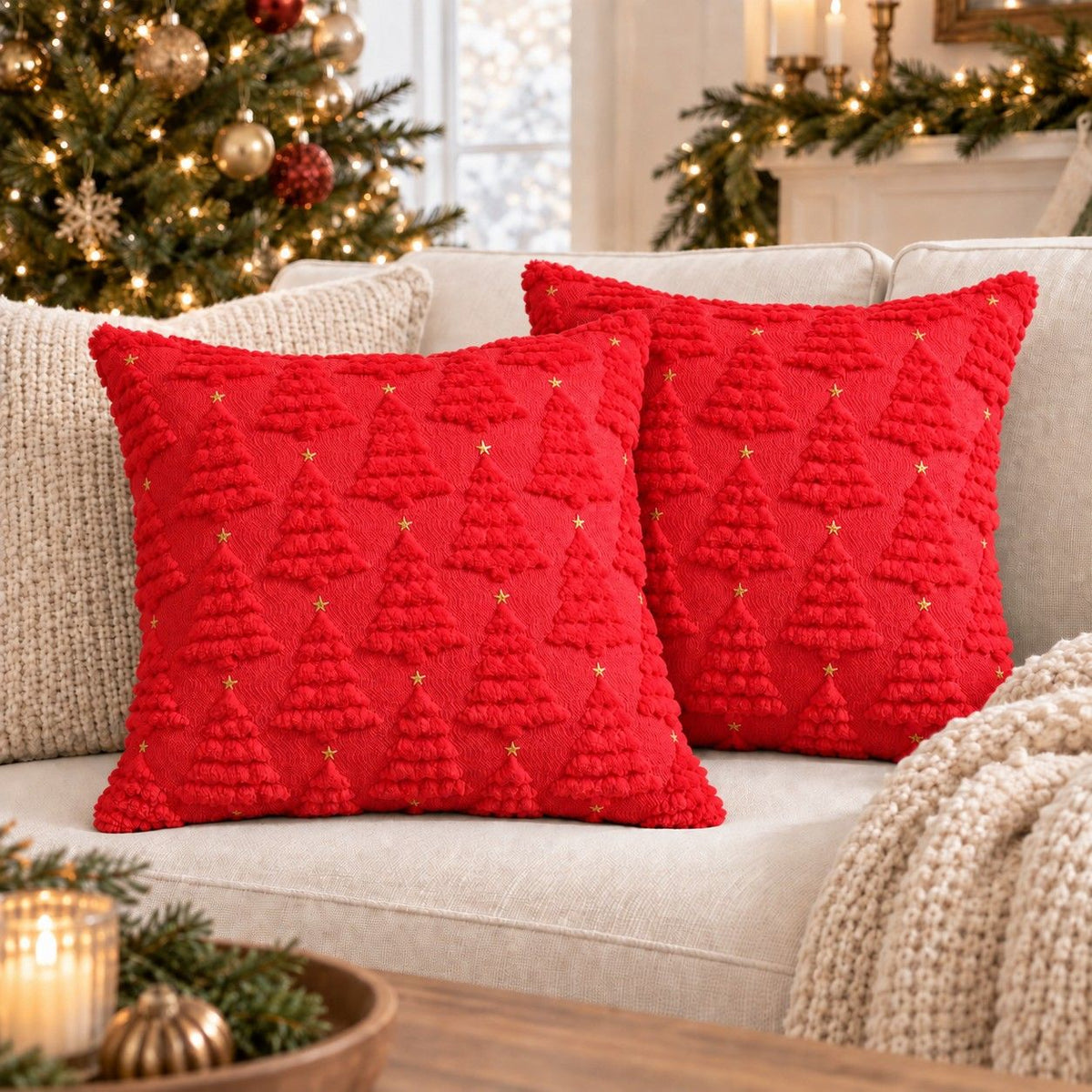2 Pack Plush Textured Christmas Tree Throw Pillow Covers 18 x 18 Inch Holiday Decor