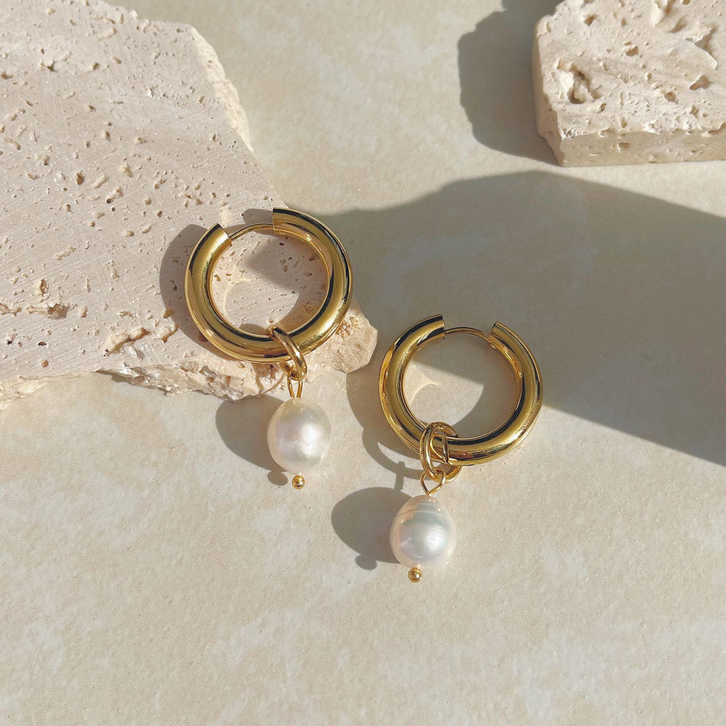 Hoop Earrings with Faux Pearl Drop Charm and Polished Finish