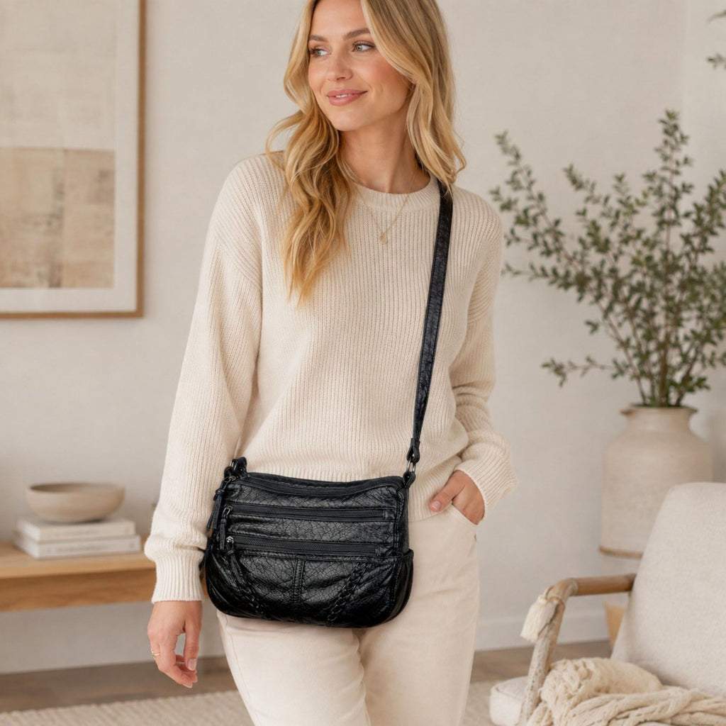Multi-Pocket Crossbody Bag with Adjustable Strap and Braided Trim