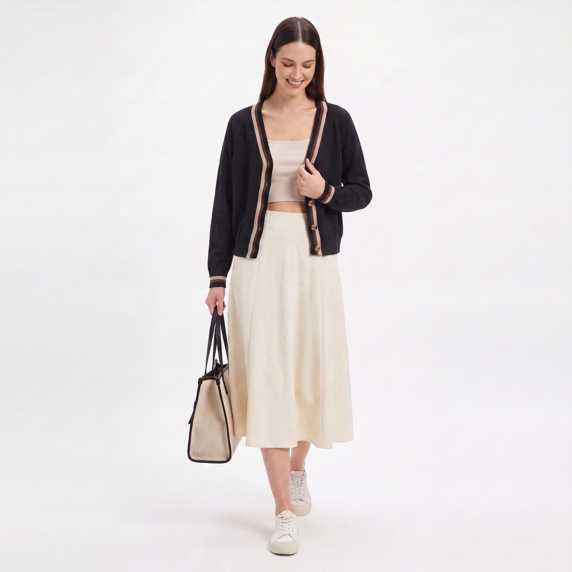 Contrast Stripe V-Neck Button-Front Knit Cardigan