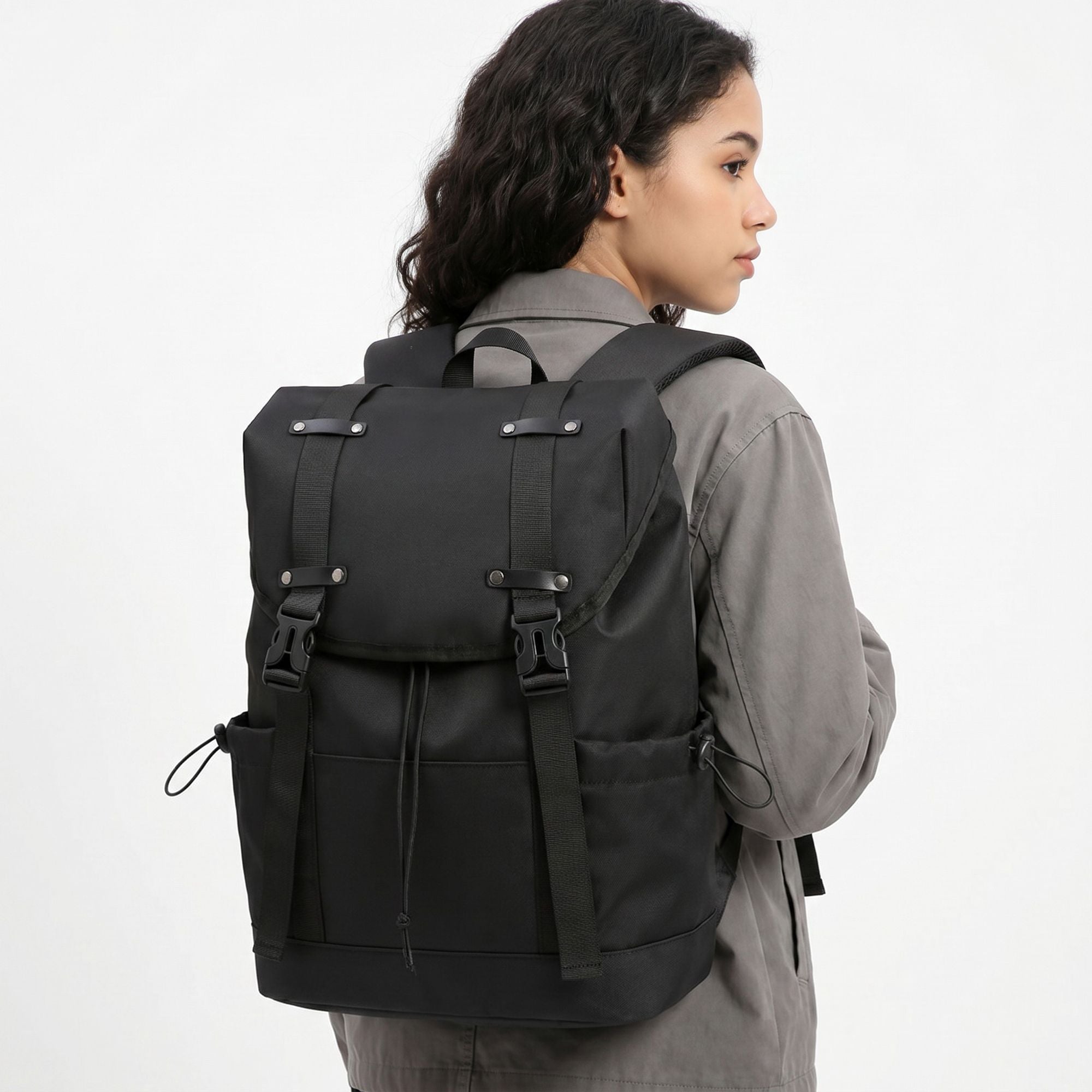 Large Flap Backpack with Drawstring Closure Buckle Straps Side Pockets and Padded Shoulder Straps