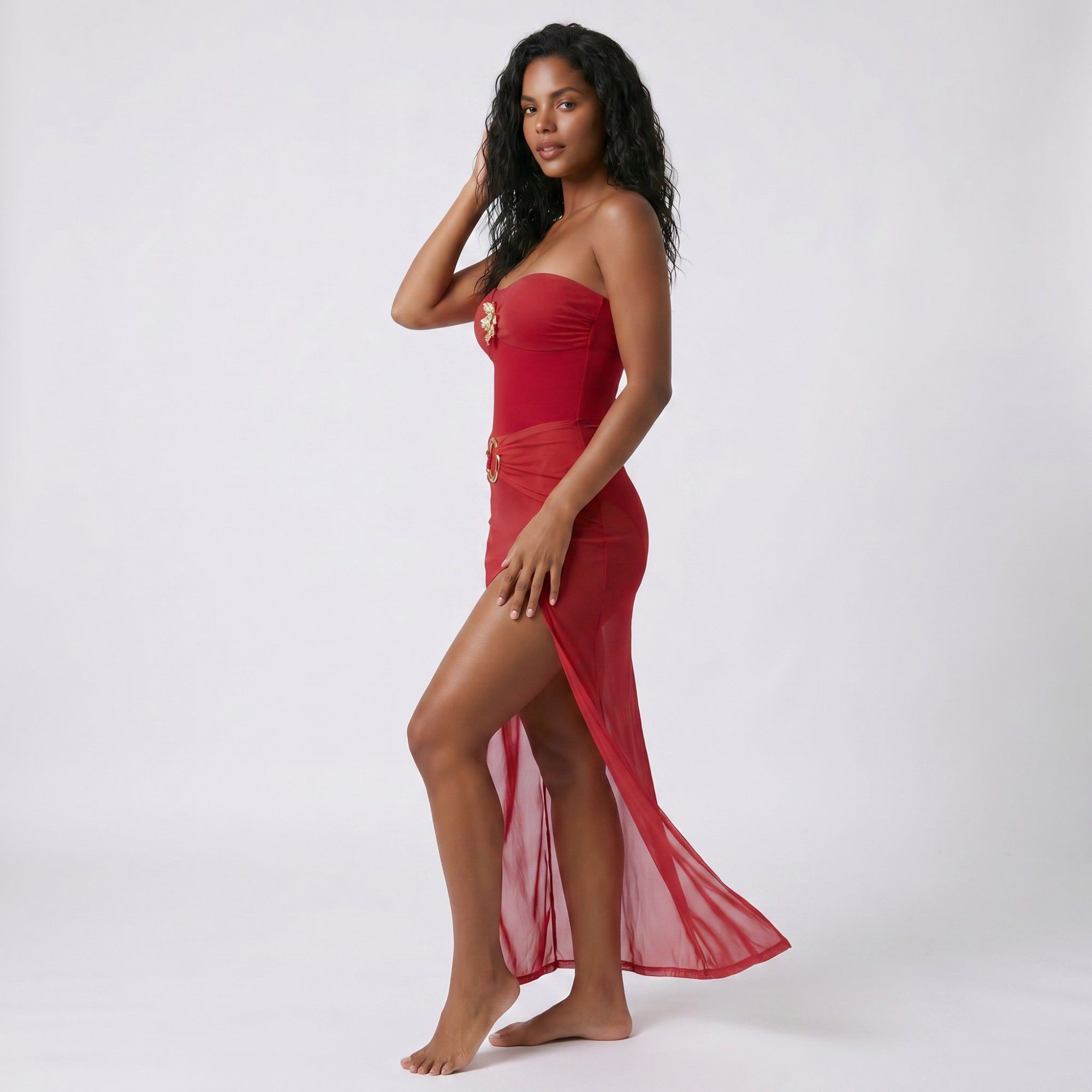 Anna-Kaci Swim Women's 2-Piece Strapless One Piece Swimsuit with Sheer Wrap Skirt