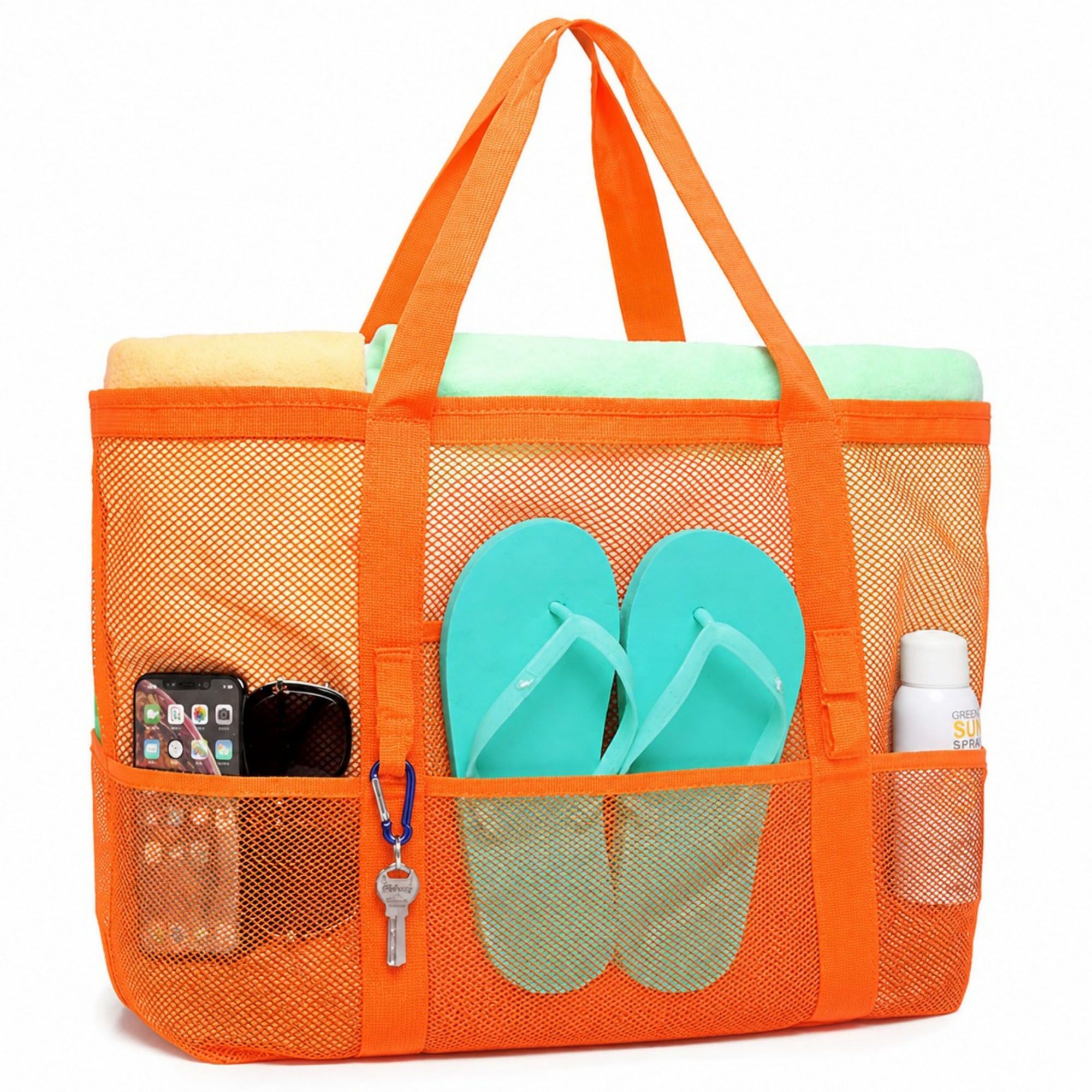 Mesh Beach Tote Bag Large Capacity Travel Shoulder Bag with Exterior Pockets Zipper Top Organizer