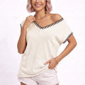 Anna-Kaci Women's V Neck Sweater Top Contrast Trim Dolman Short Sleeve Knit