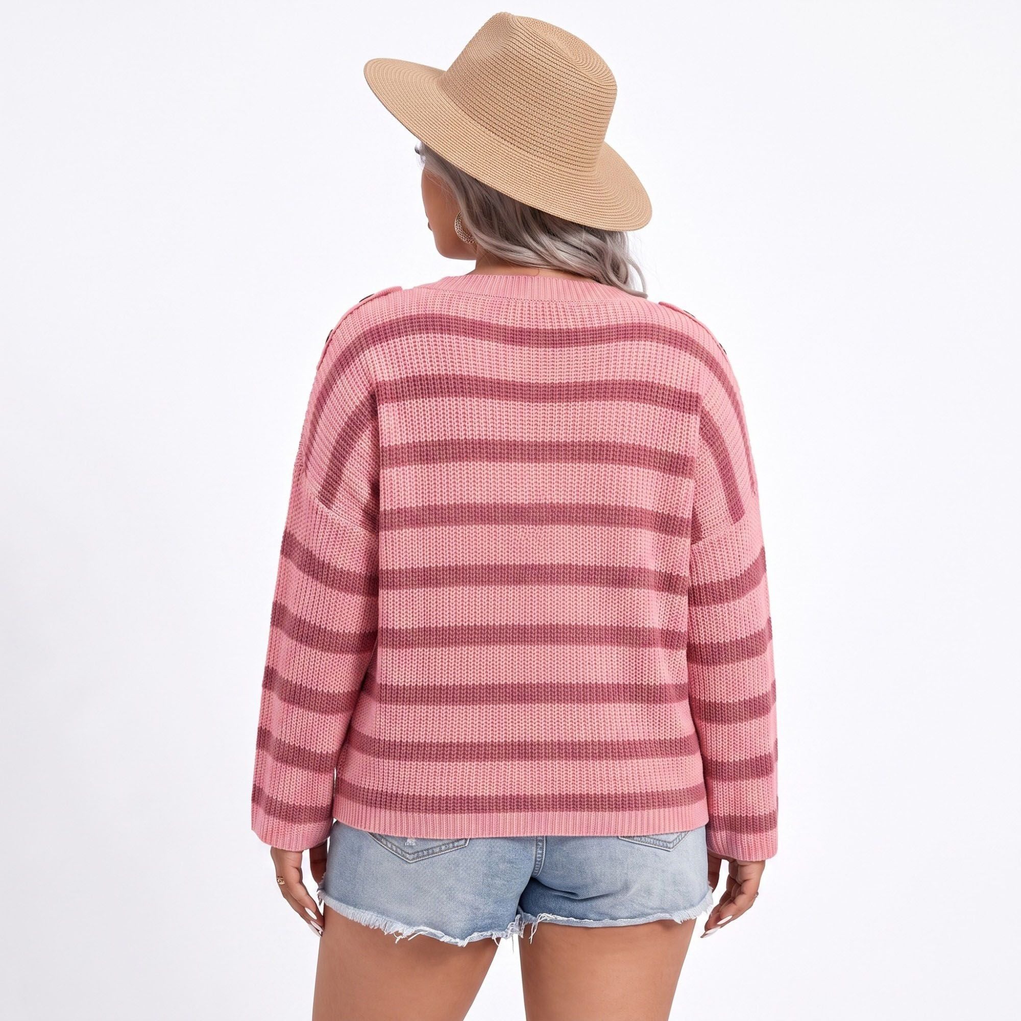 Plus Size Striped Crewneck Button Shoulder Sweater