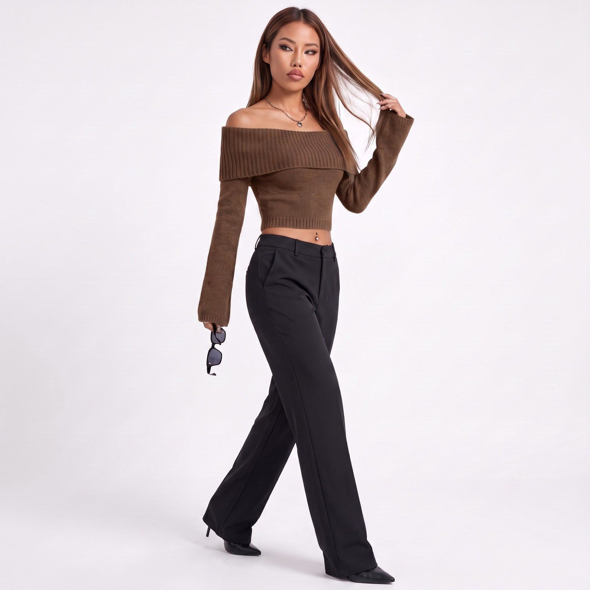 Off Shoulder Foldover Cropped Knit Sweater